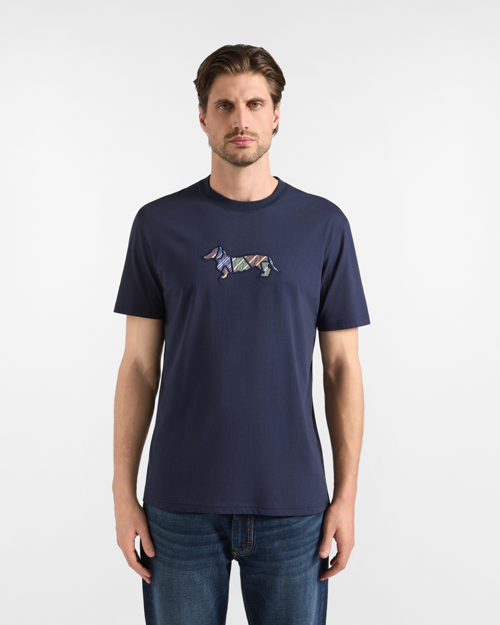 Men's regular-fit blue T-shirt in 100% pure cotton with embroidered dachshund