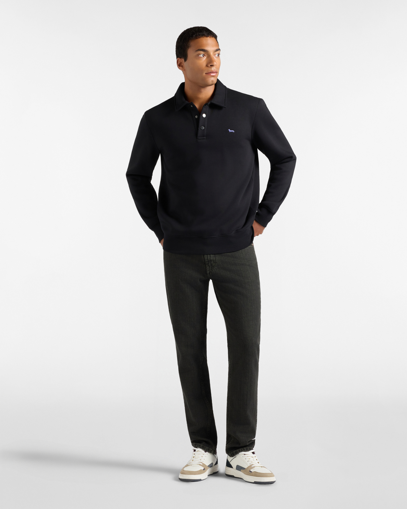 Men's black polo collar sweatshirt with snap buttons, BLACK, large