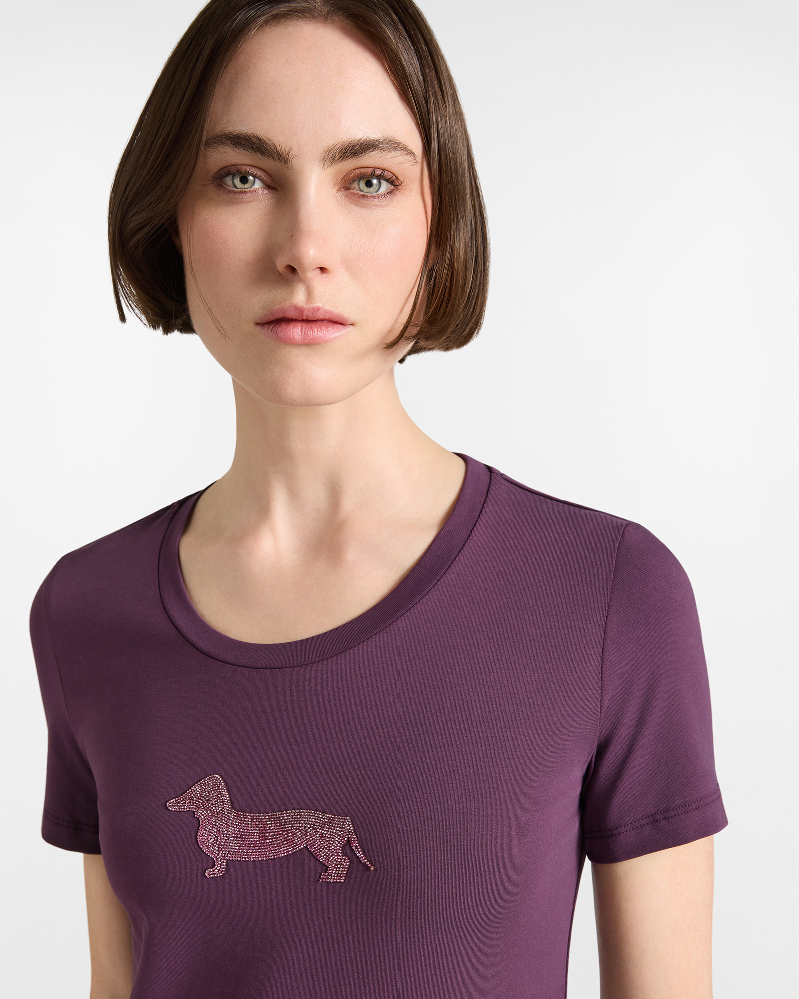 Camiseta de mujer en algod&oacute;n el&aacute;stico  con Maxi perro salchicha glitter, MORADO, large