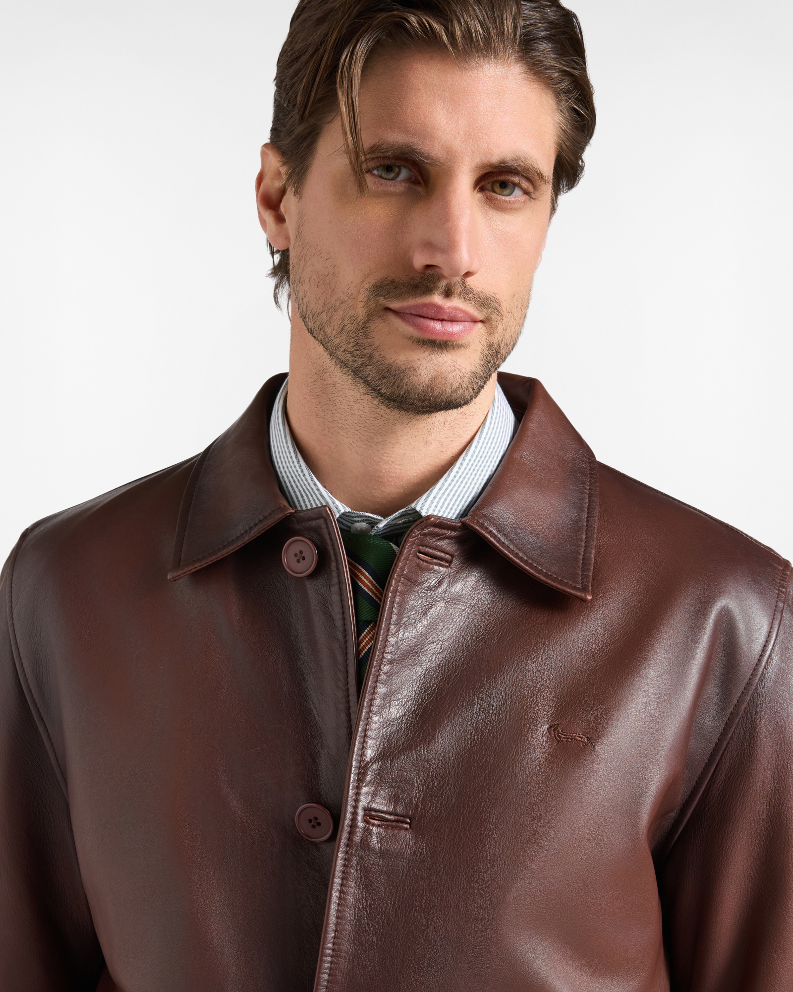 Men's Made in Italy field jacket in genuine leather, DARK BROWN, large