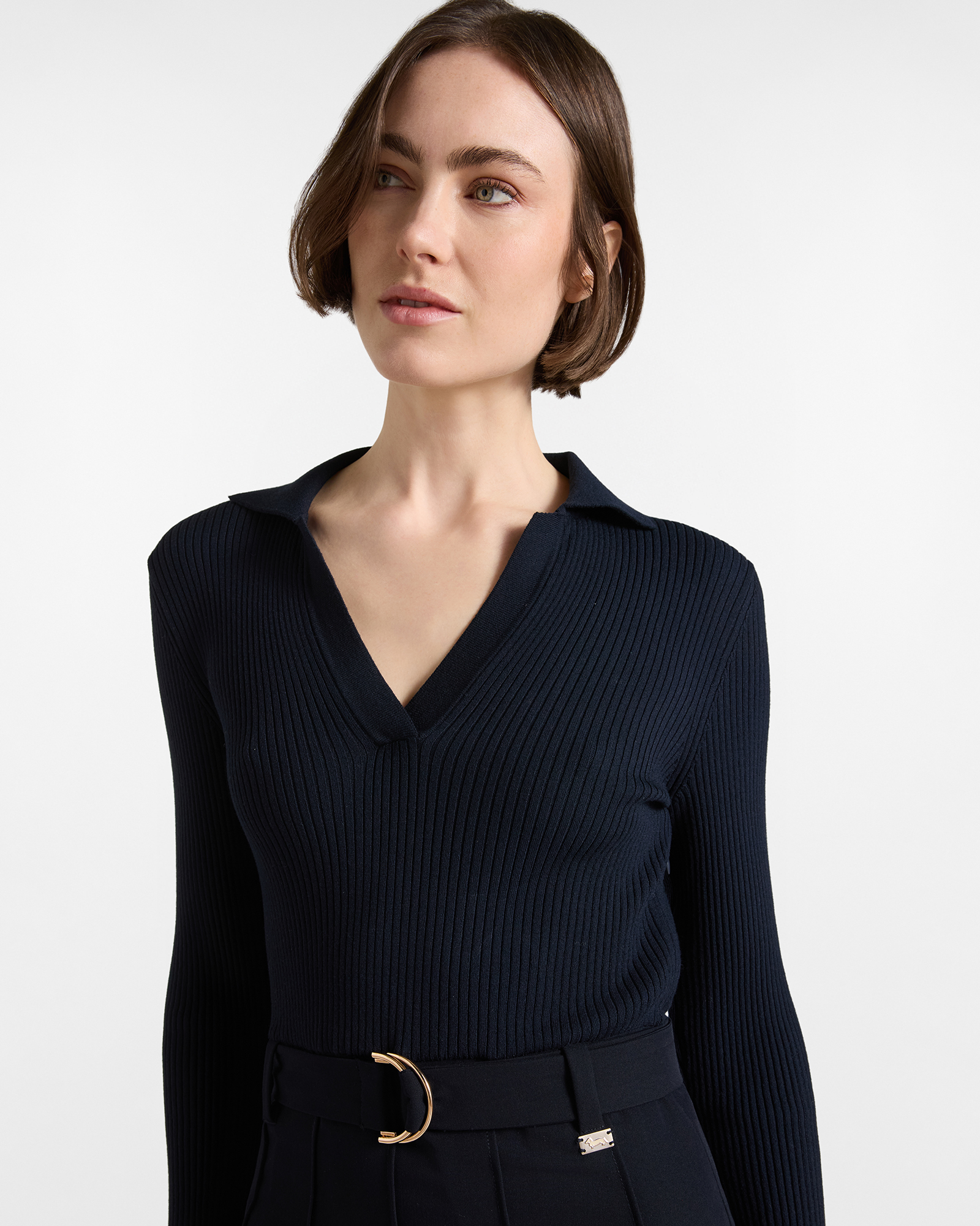 Vestido midi bimat&eacute;rico de mujer con cuerpo de canal&eacute; y cintur&oacute;n, AZUL, large