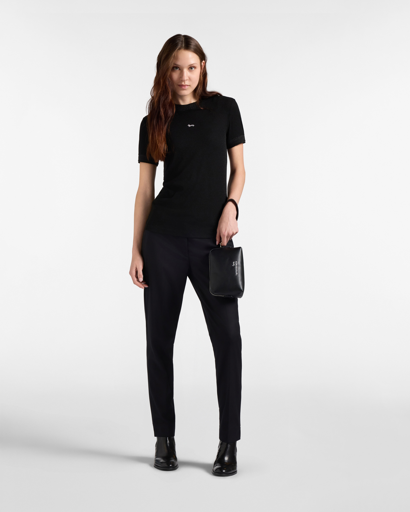 Camiseta de mujer de corte ajustado en punto acanalado lam&eacute; con ribete de strass en nailon el&aacute;stico, NEGRO, large