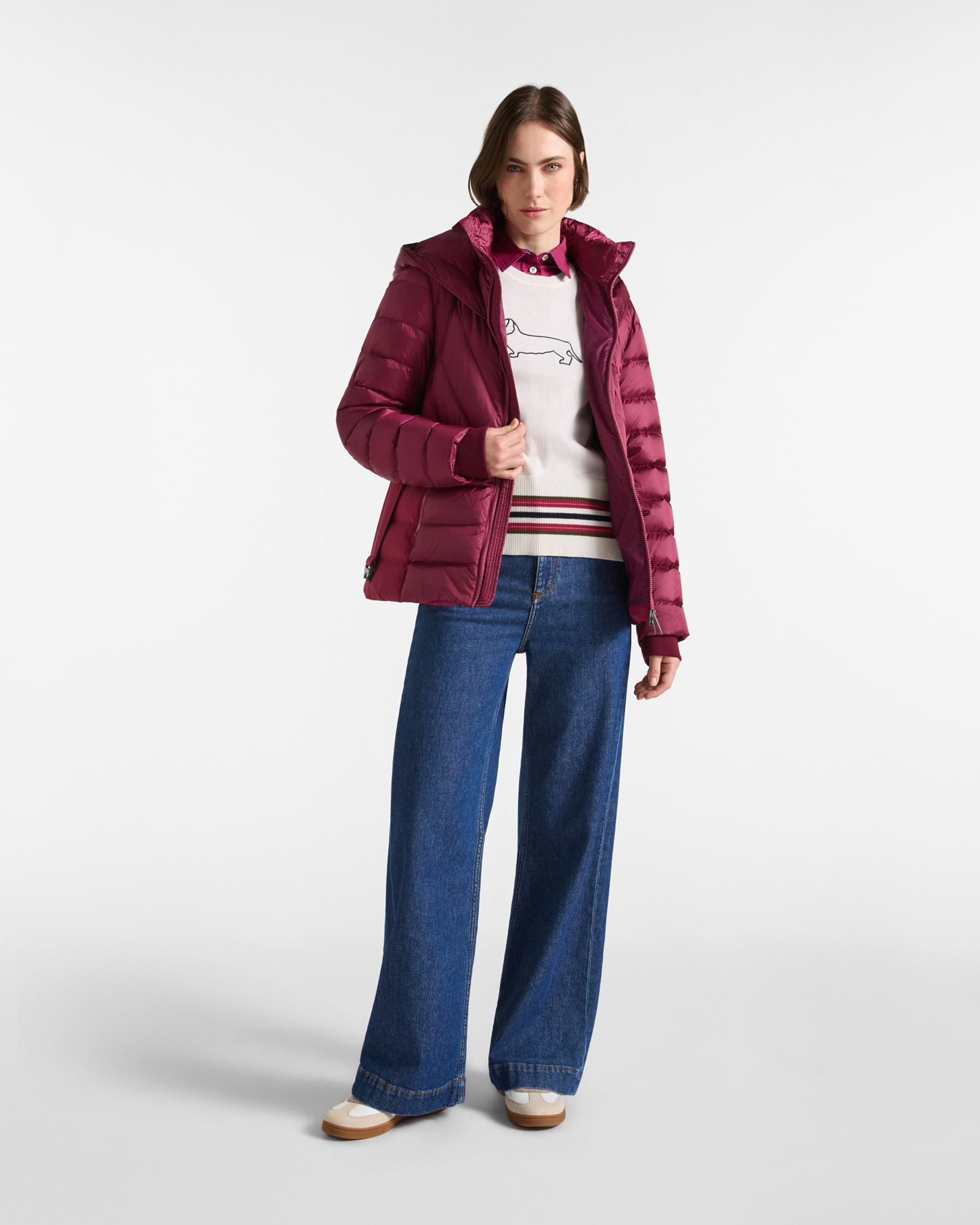 Chaqueta de plum&oacute;n para mujer con doble cuello y capucha, confeccionada en nailon t&eacute;cnico, CICLAMEN, large