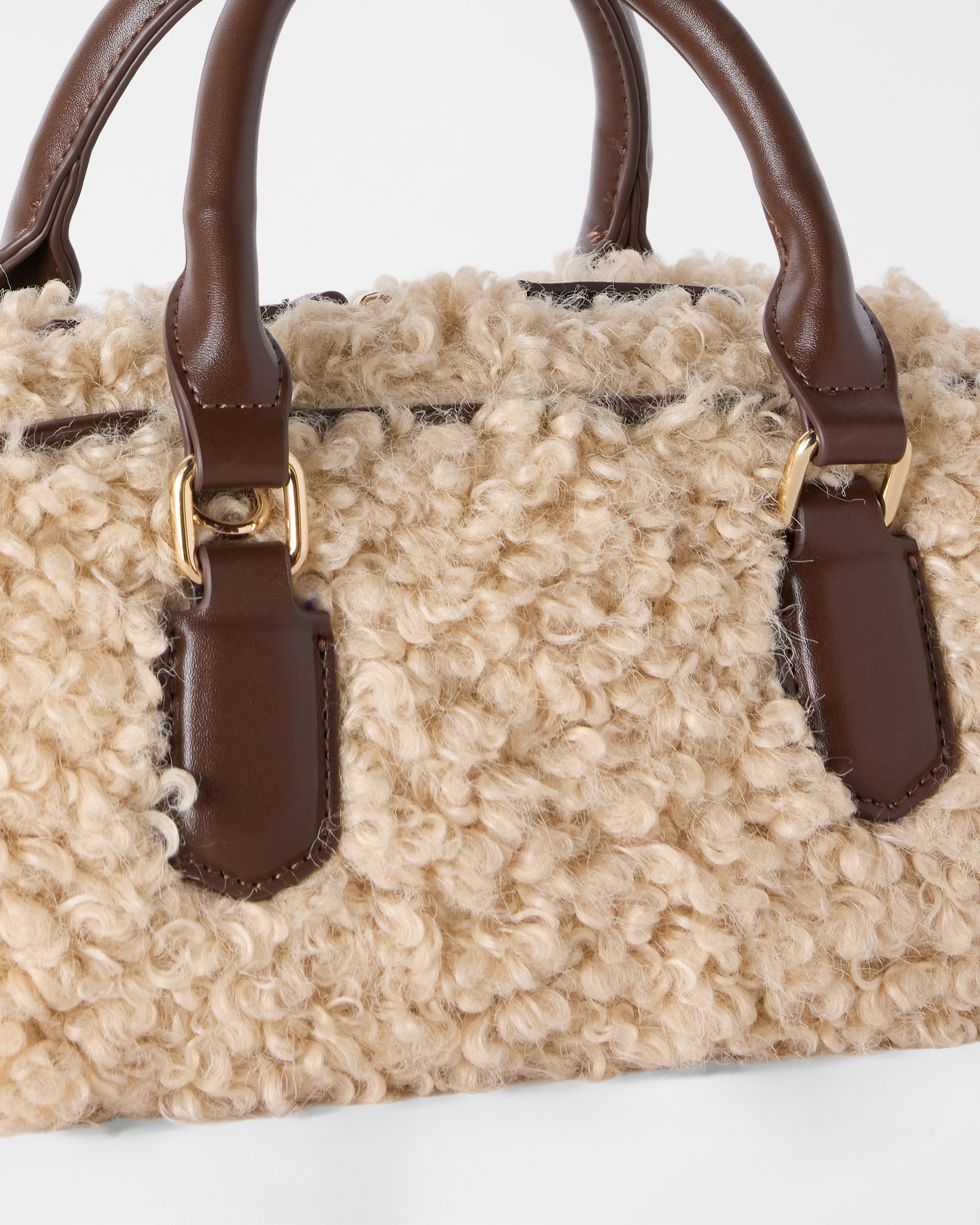 Borsa Donna bowling in tessuto boucl&eacute;, BEIGE, large