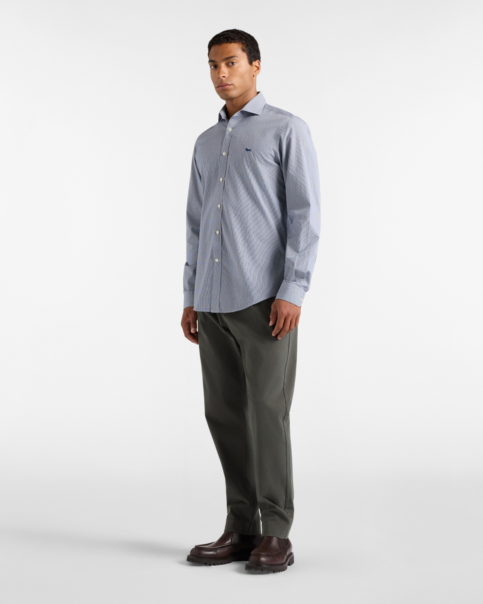Men's narrow-fit dark  yarn-dyed micro-gingham shirt, BLUETTE, large