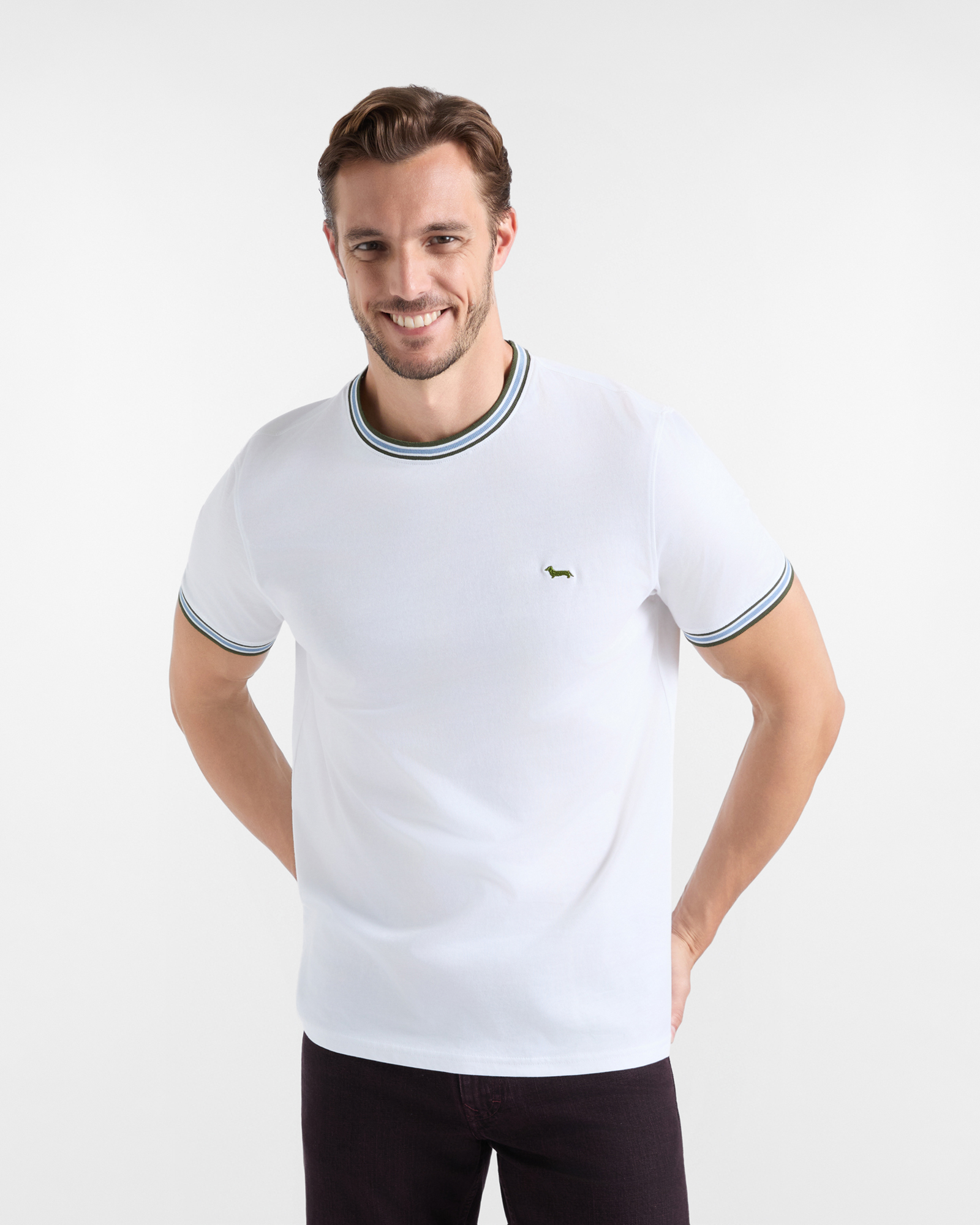 Men's regular-fit T-shirt with striped ribbed crewneck in white 100% pure cotton