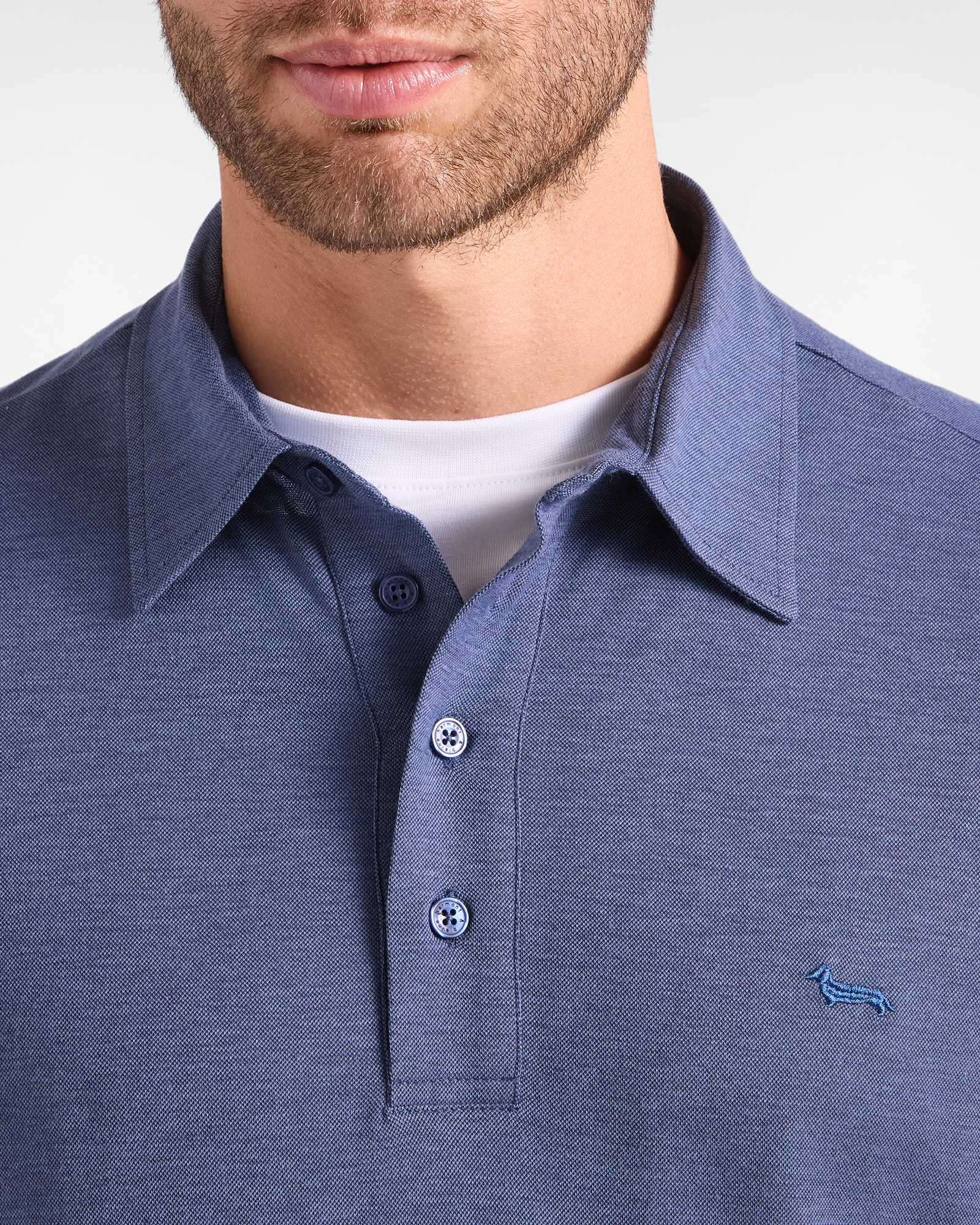 Polo da uomo manica lunga in piquet di misto cotone e Lyocell, AZZURRO, large