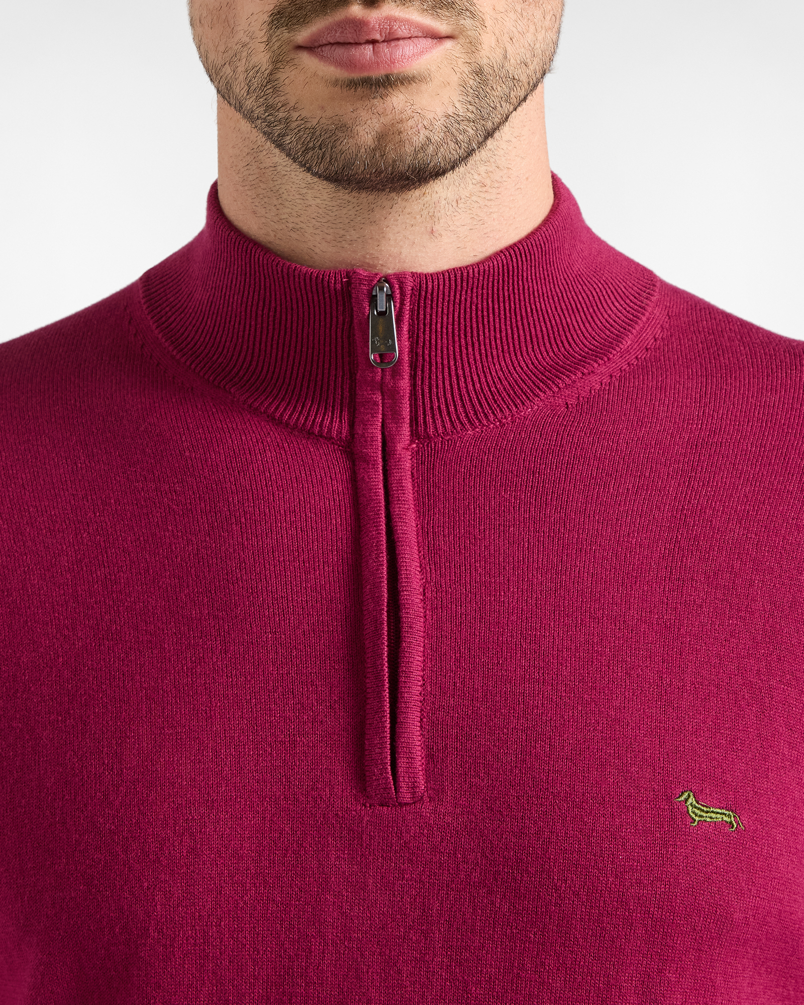 Men's regular fit sweater with half-zip stand-up collar in a  wool and cotton blend, INDIAN ROSE, large