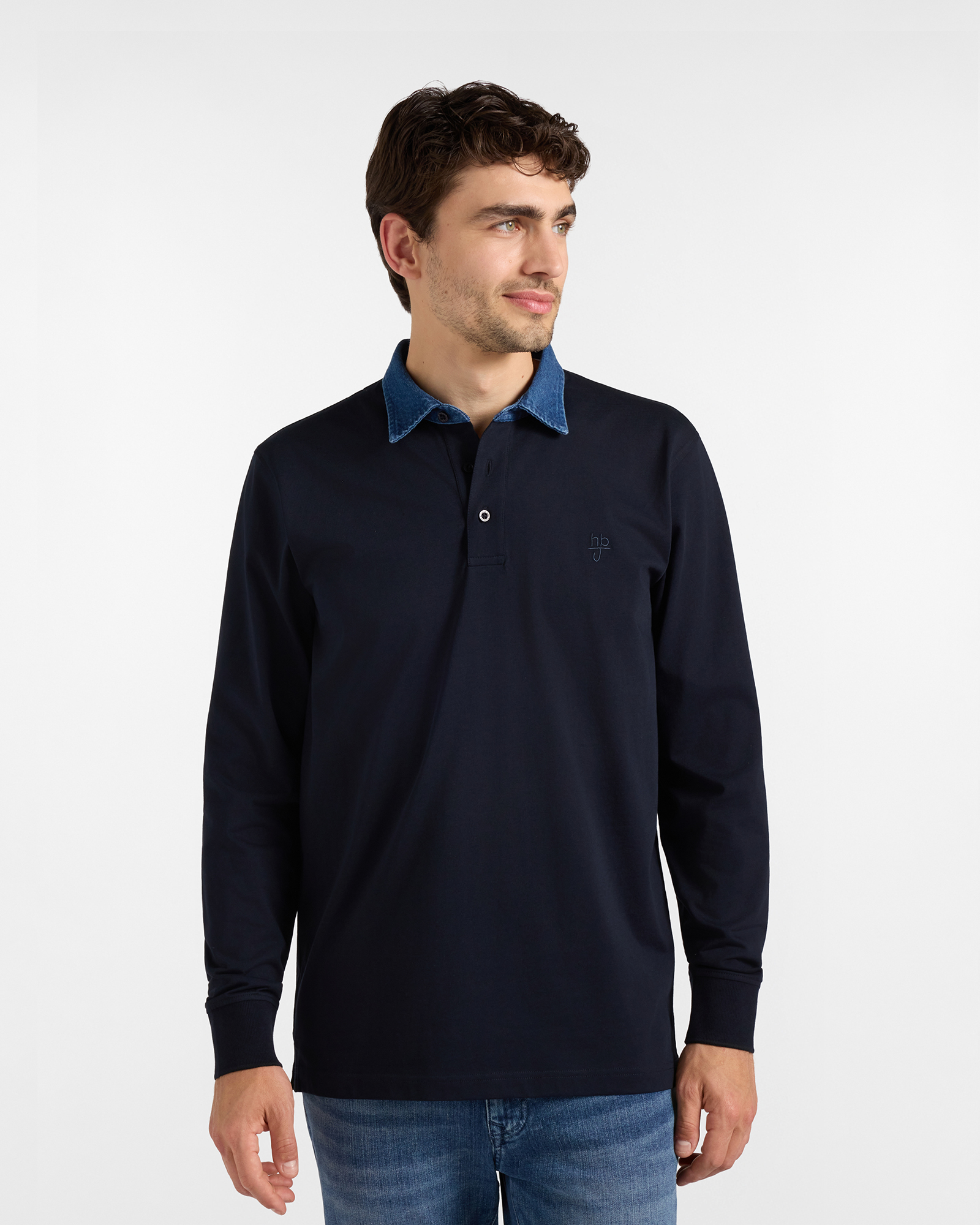 Polo HBJ Uomo con Colletto in Denim di Puro Cotone Blu Scuro