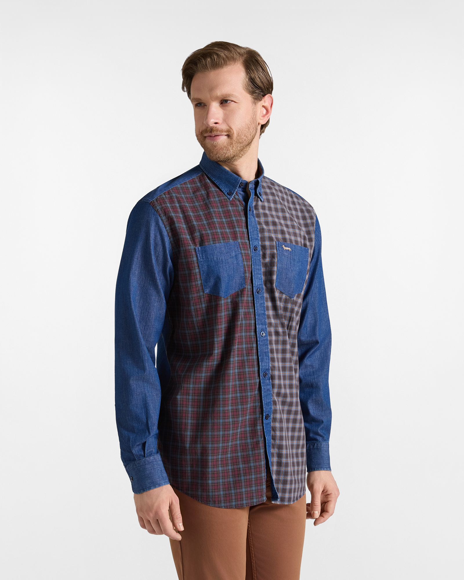 Men's dark blue denim shirt with checks on front and classic fit