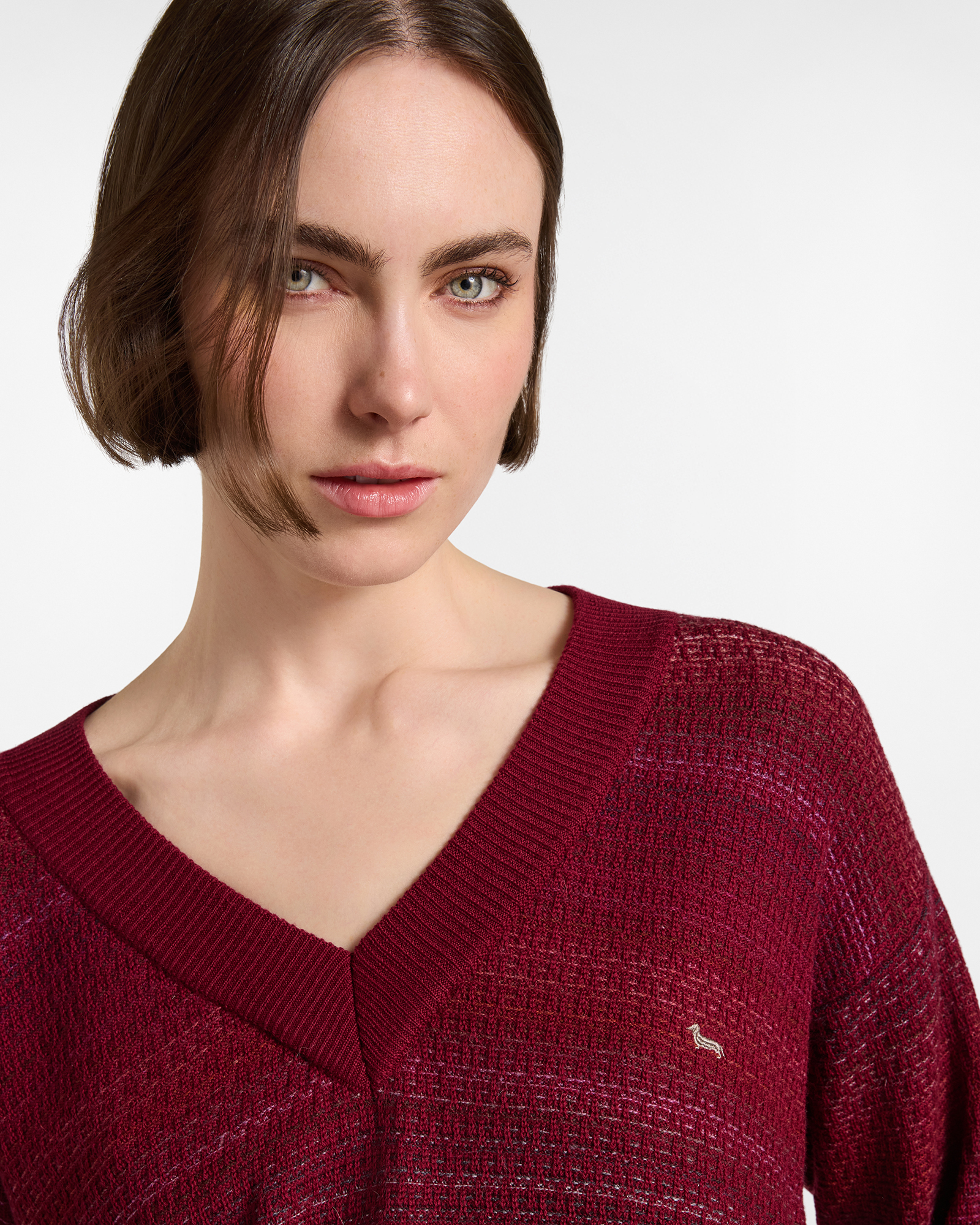 Pullover Donna con scollo a V profondo in 100% pura lana Made in Italy, ROSSO SCURO, large