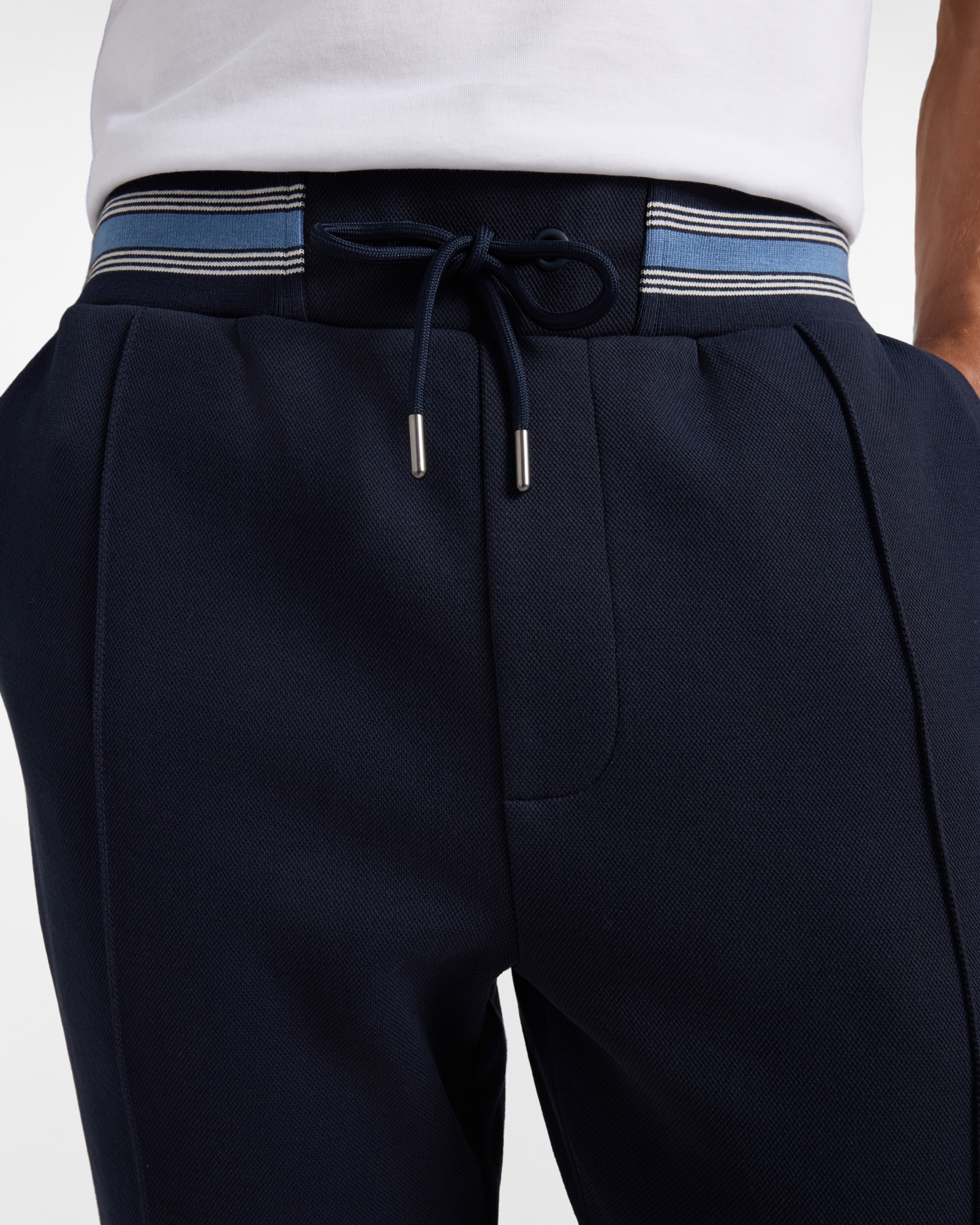 Men's  piqu&eacute; fleece trousers with striped waistband, NAVY BLUE, large