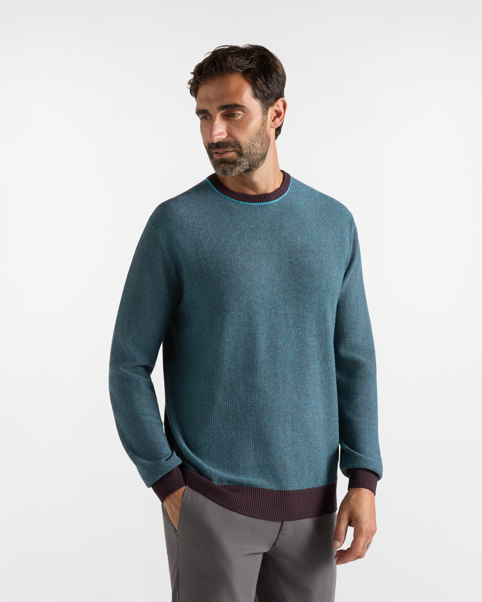 HBJ Men&rsquo;s Round-Neck Jumper in a wool and cashmere blend, aqua green / burgundy