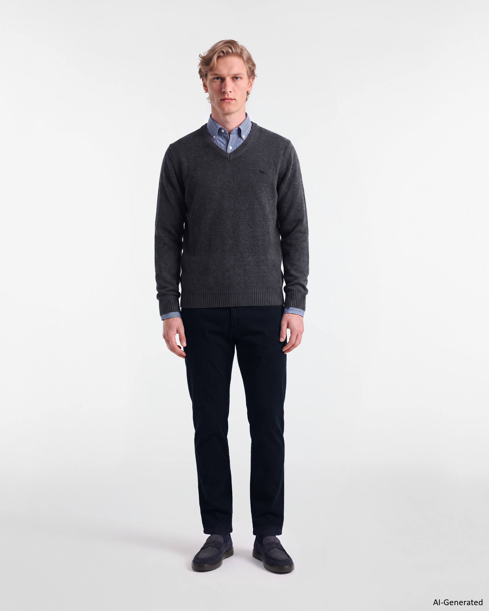 Herrenpullover mit V-Ausschnitt aus Wollmischung mit regul&auml;rer Passform Made in Italy, MARINEBLAU, large