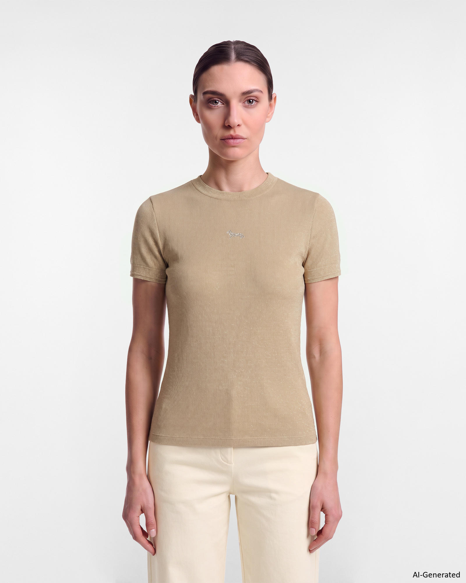 T-shirt Donna Slim in Costina Lam&eacute; con bassottino strass in nylon stretch tortora