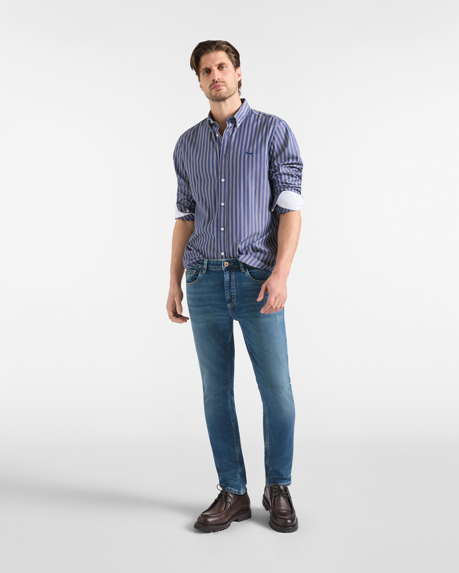 Men&rsquo;s slim-fit dark denim five-pocket jeans, DENIM BLUE, large