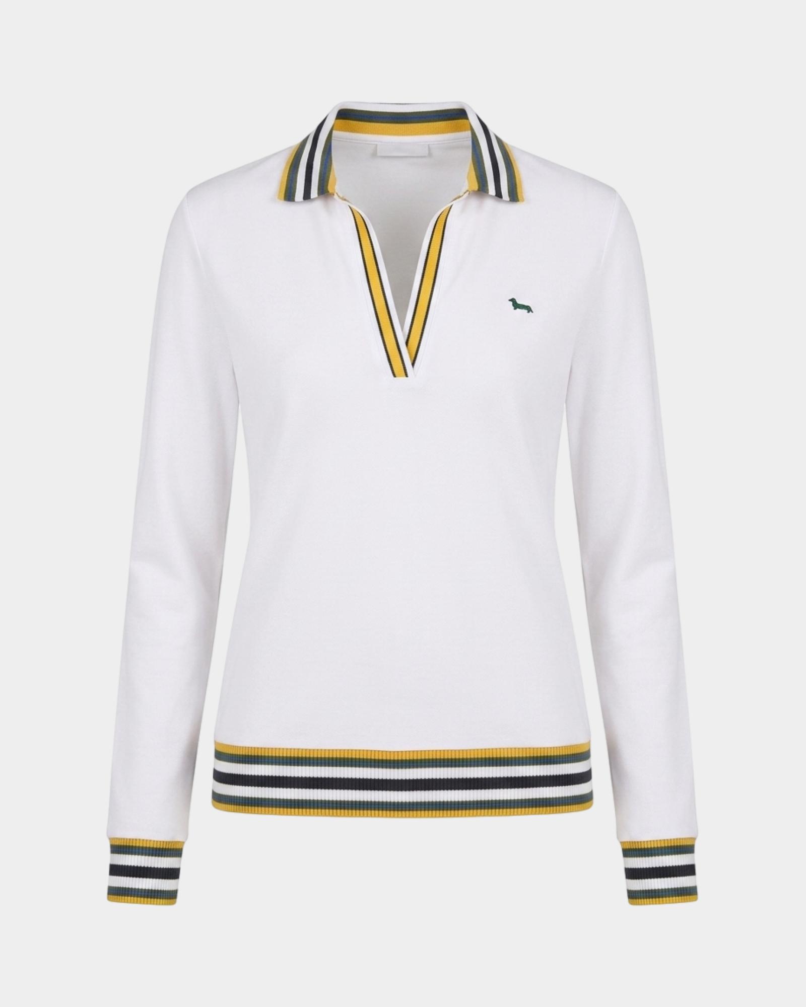 Polo da donna manica lunga con scollo a V in cotone stretch, BIANCO, large