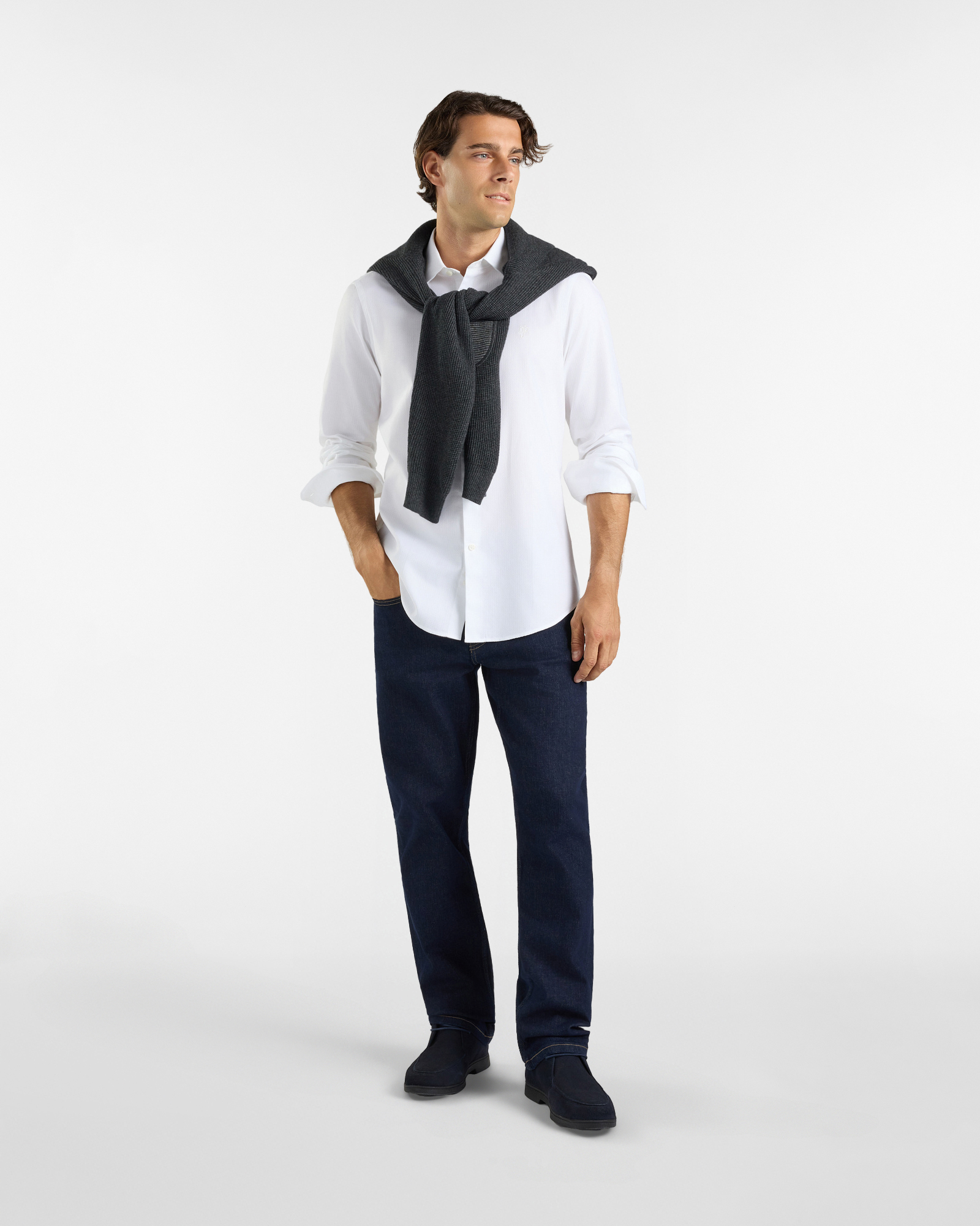 Camicia HBJ Uomo Narrow Fit in puro cotone con collo piccolo, BIANCO, large