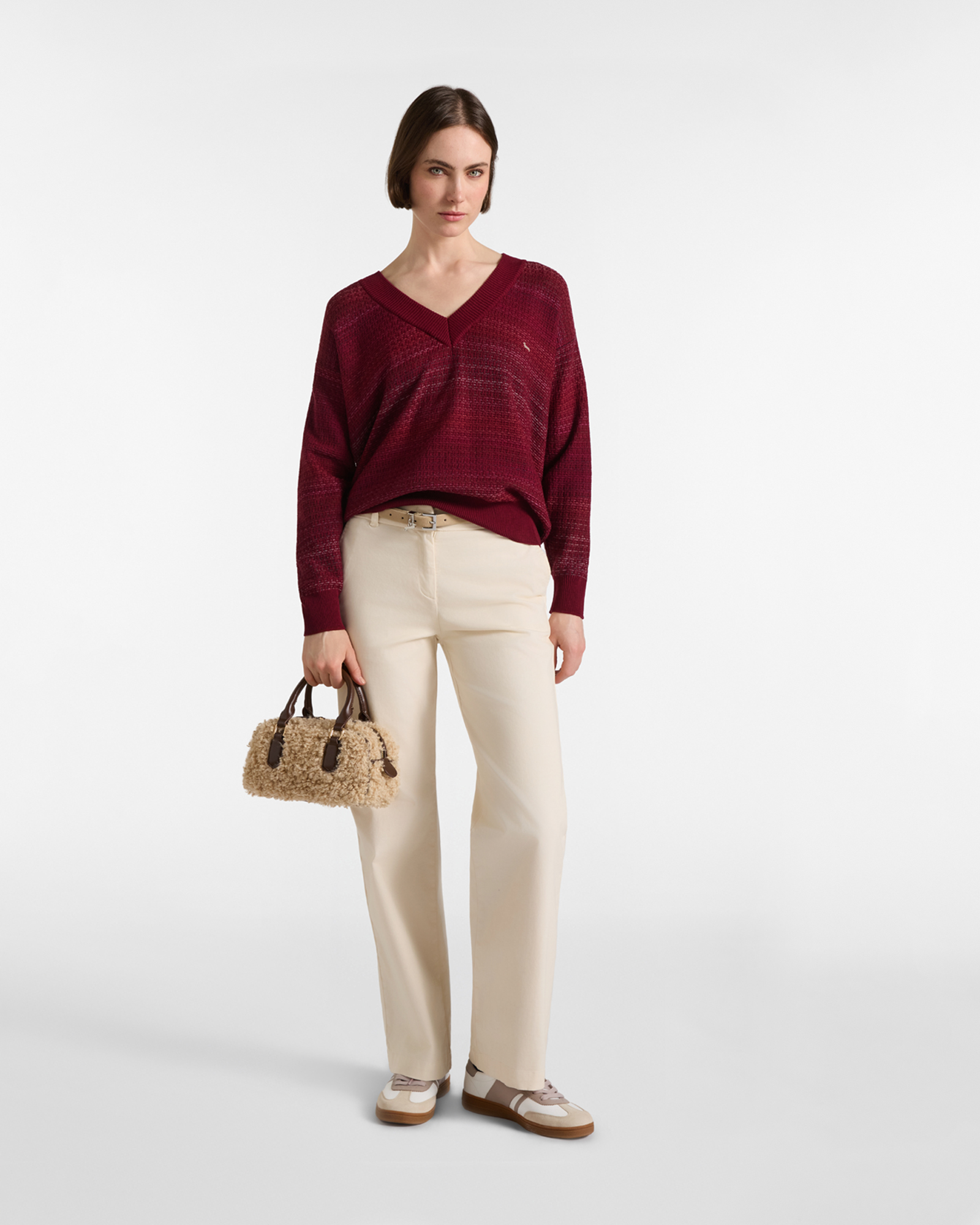 Pullover Donna con scollo a V profondo in 100% pura lana Made in Italy, ROSSO SCURO, large