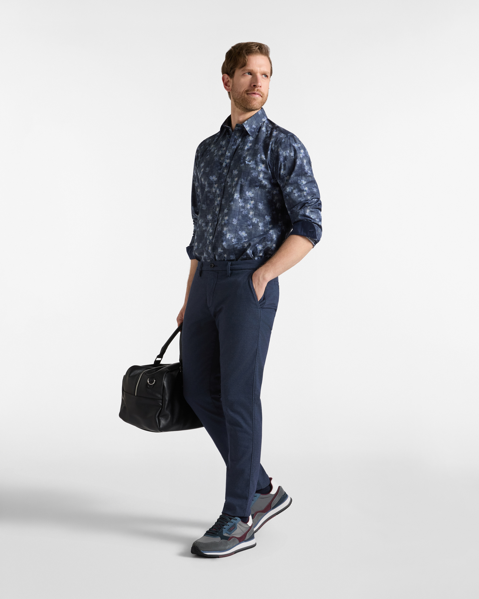 Men's regular-fit poplin shirt with glen plaid and floral print, NAVY BLUE, large