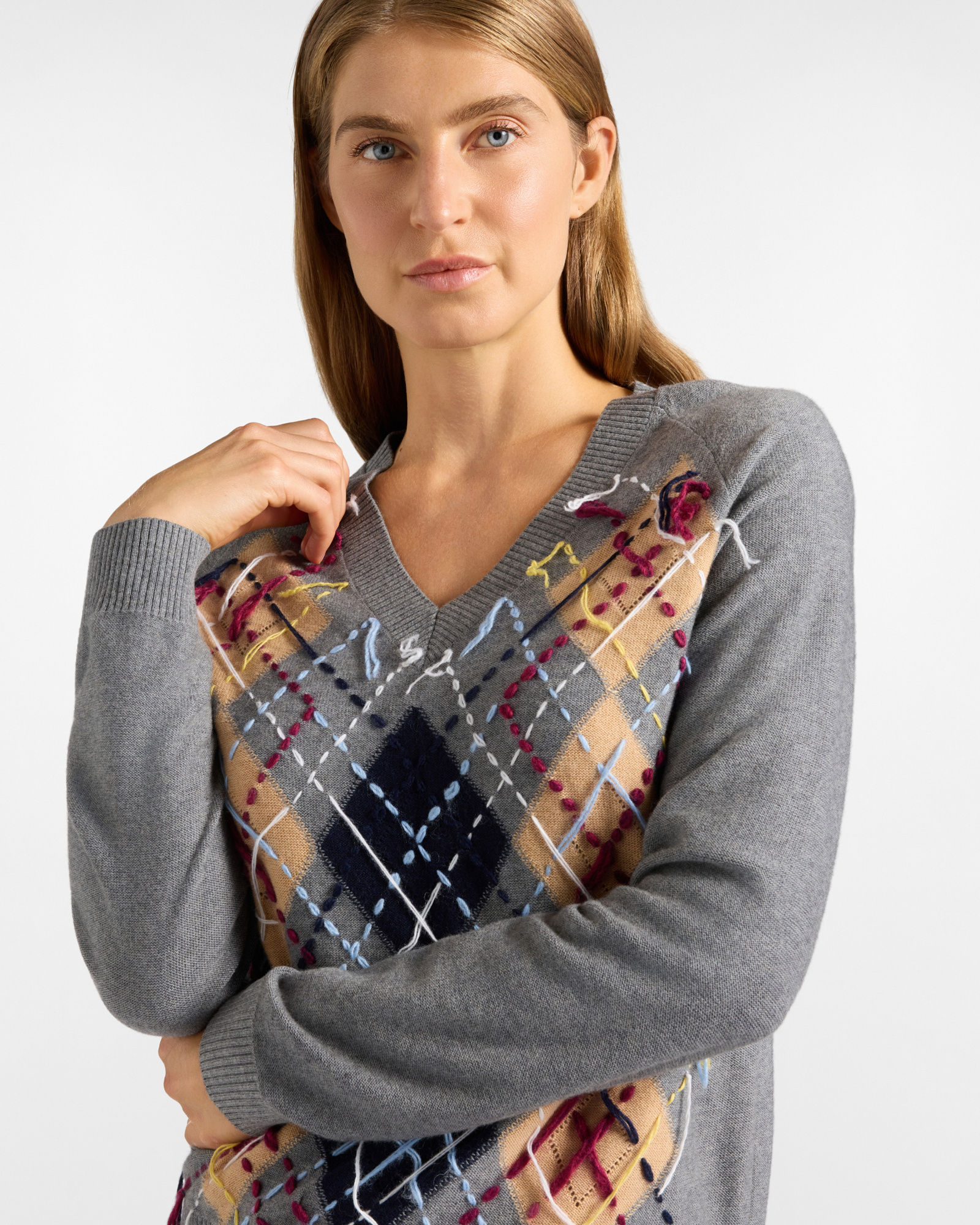 Jersey Mujer con cuello de pico en mezcla de lana, GRIS, large