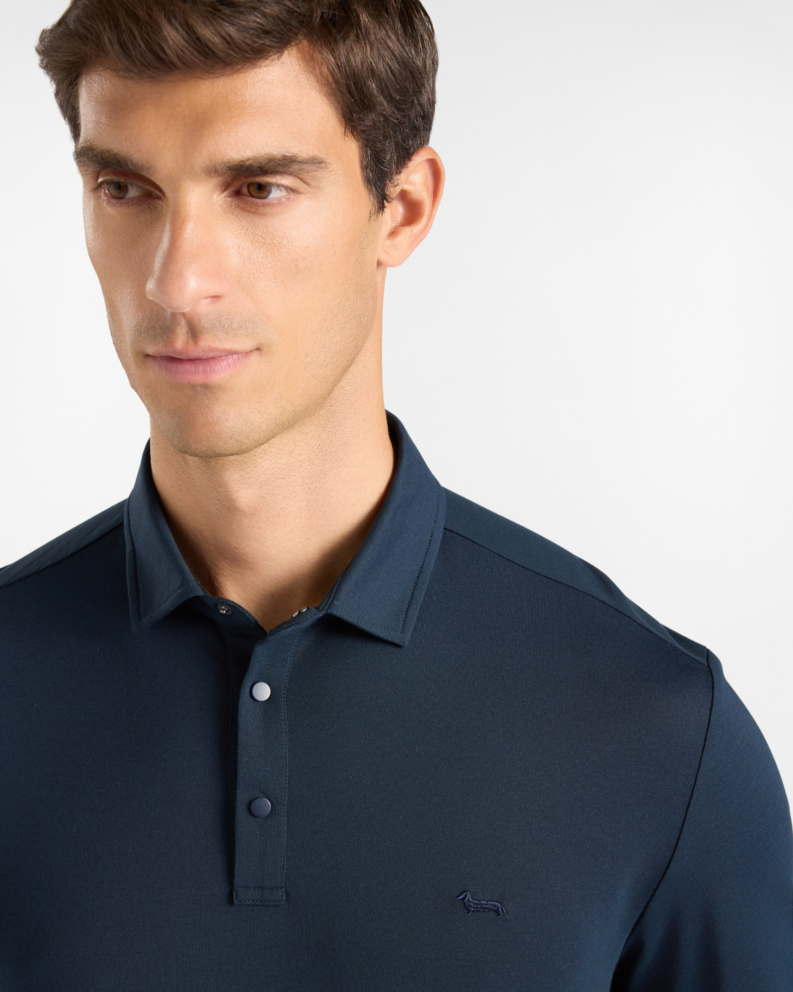 Men's long-sleeve gray stretch cotton piqu&eacute; polo shirt, NAVY BLUE, large