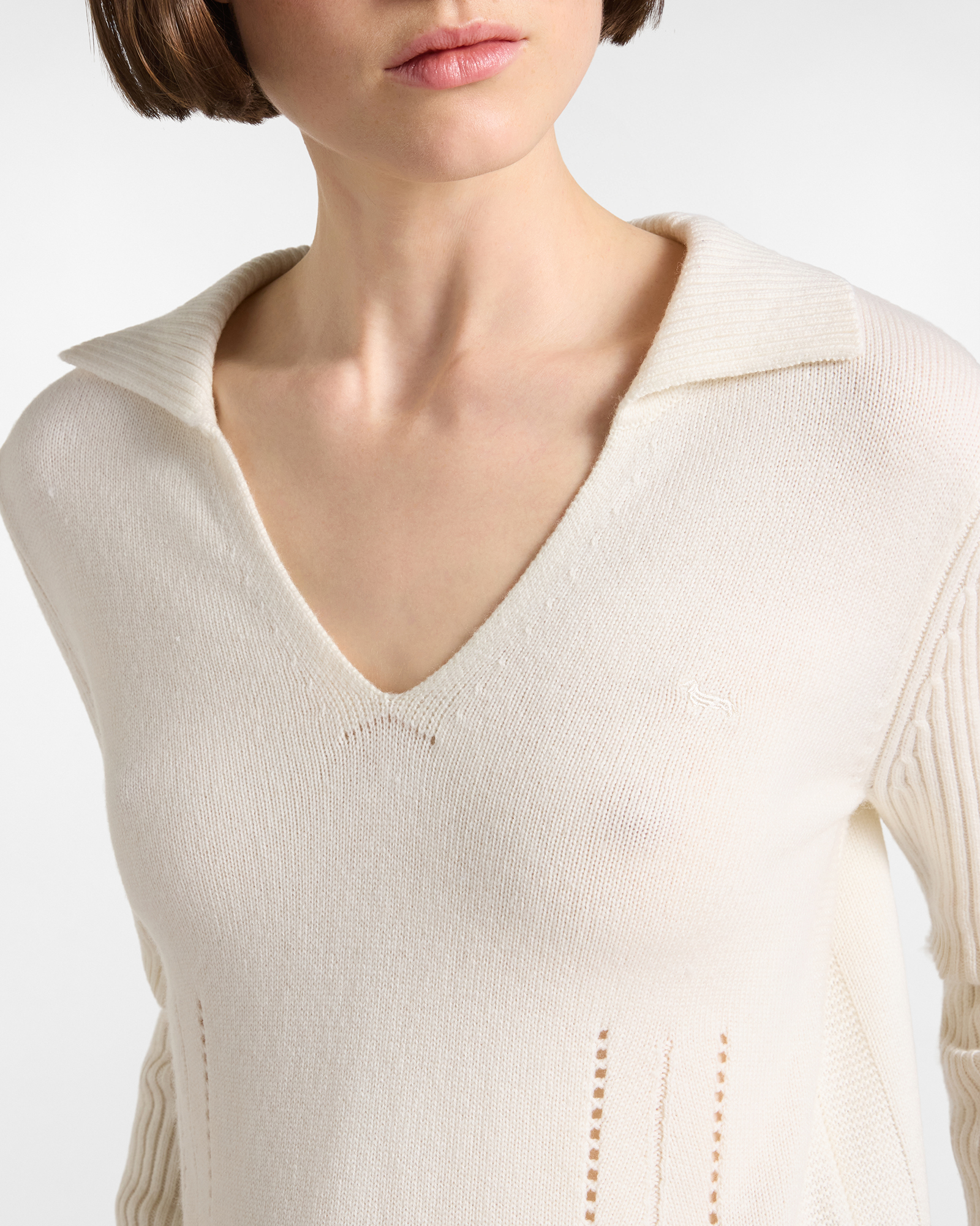 Maglia Donna con colletto polo in misto lana con cachemire, BIANCO, large