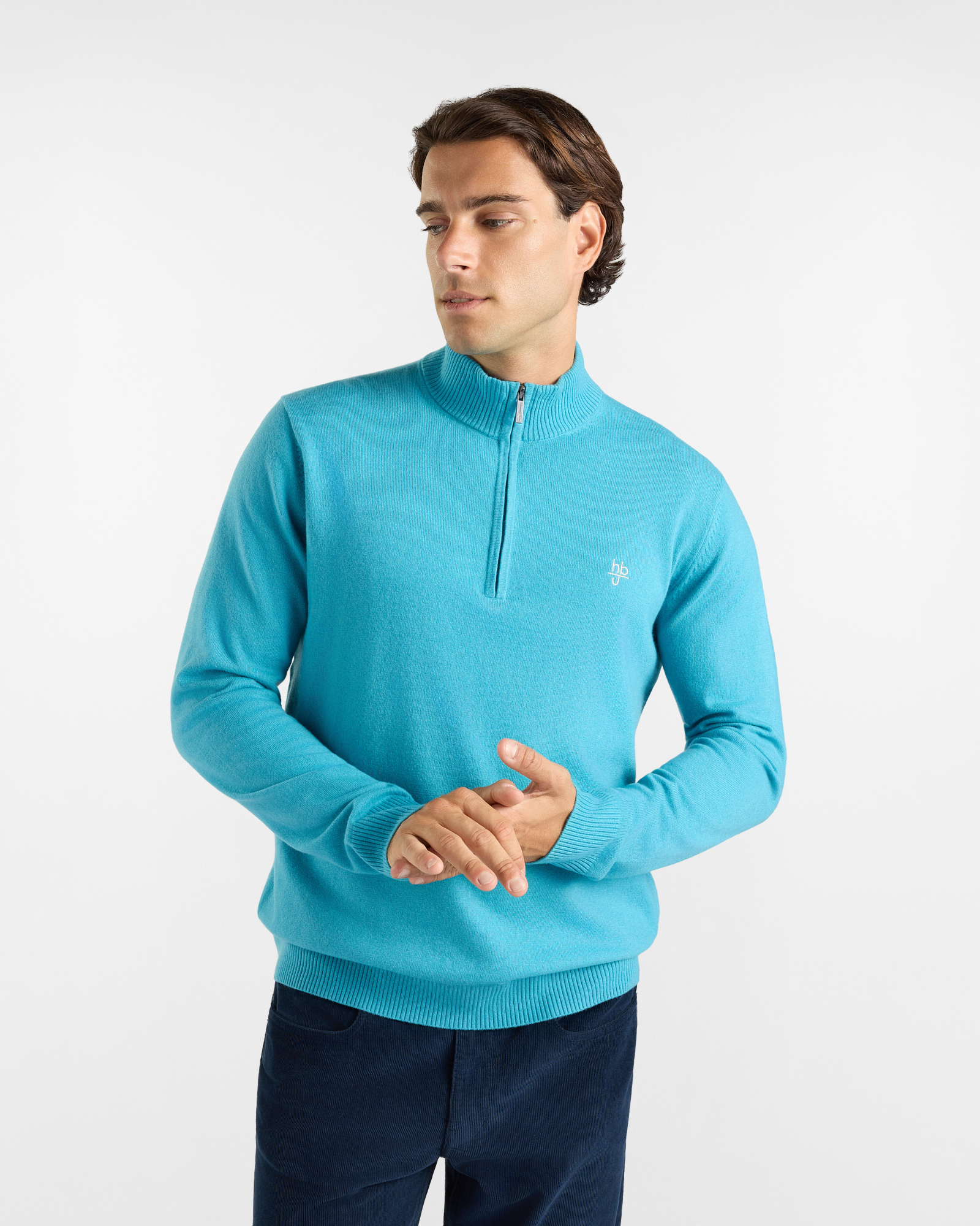 HBJ Men&rsquo;s Half-Zip Carded Knit in Wool and Cashmere Blend &ndash; Aquamarine Green