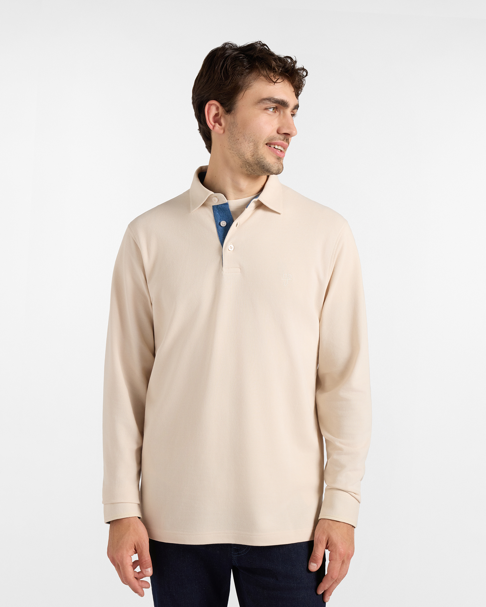 Polo HBJ Uomo in Piquet di Puro Cotone con Dettagli Denim Bianco Naturale