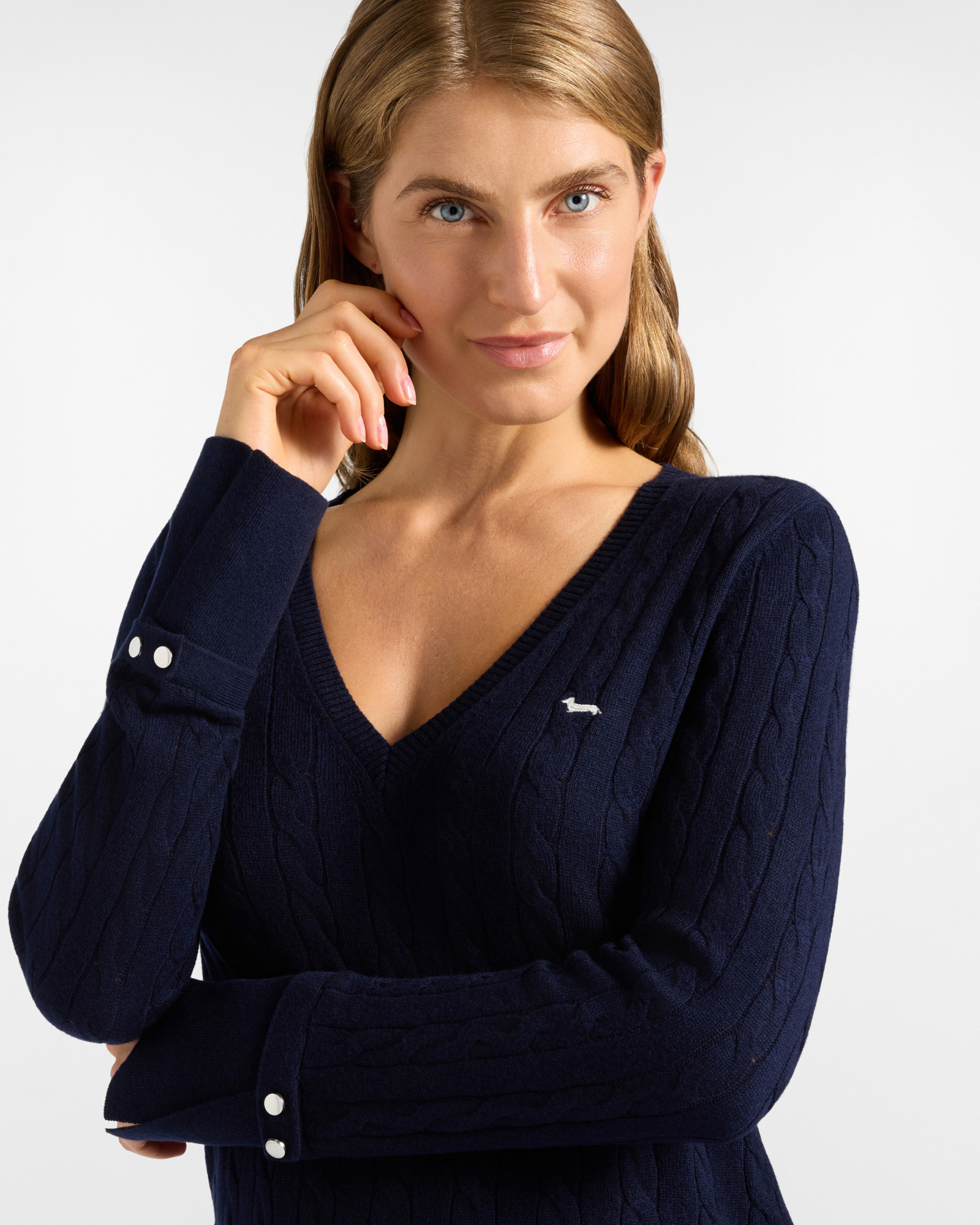 Jersey Mujer con cuello de pico en mezcla de lana con cachemir   Regular Fit, AZUL, large