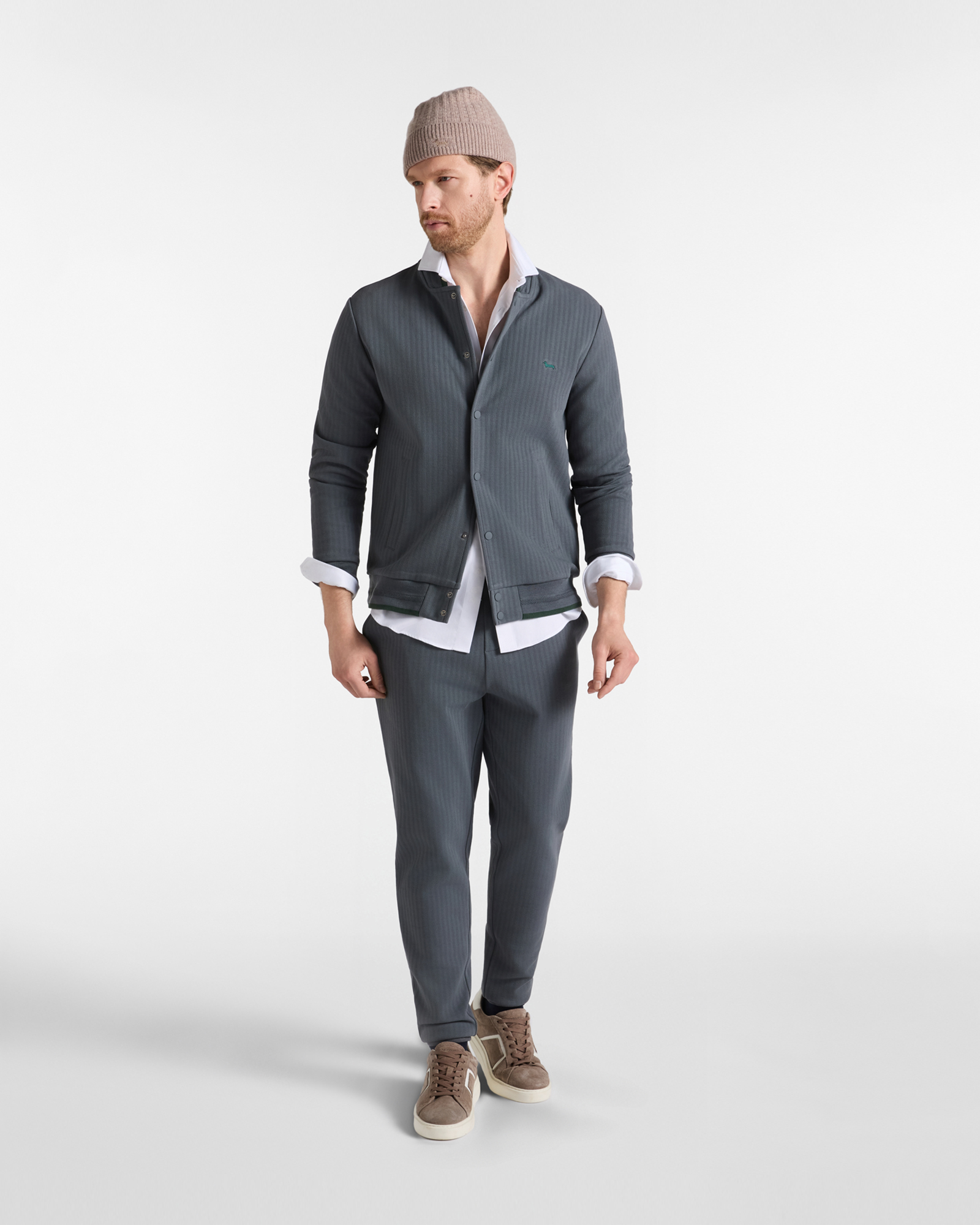 Men's grey fleece trousers with herringbone pattern, GRAY, large