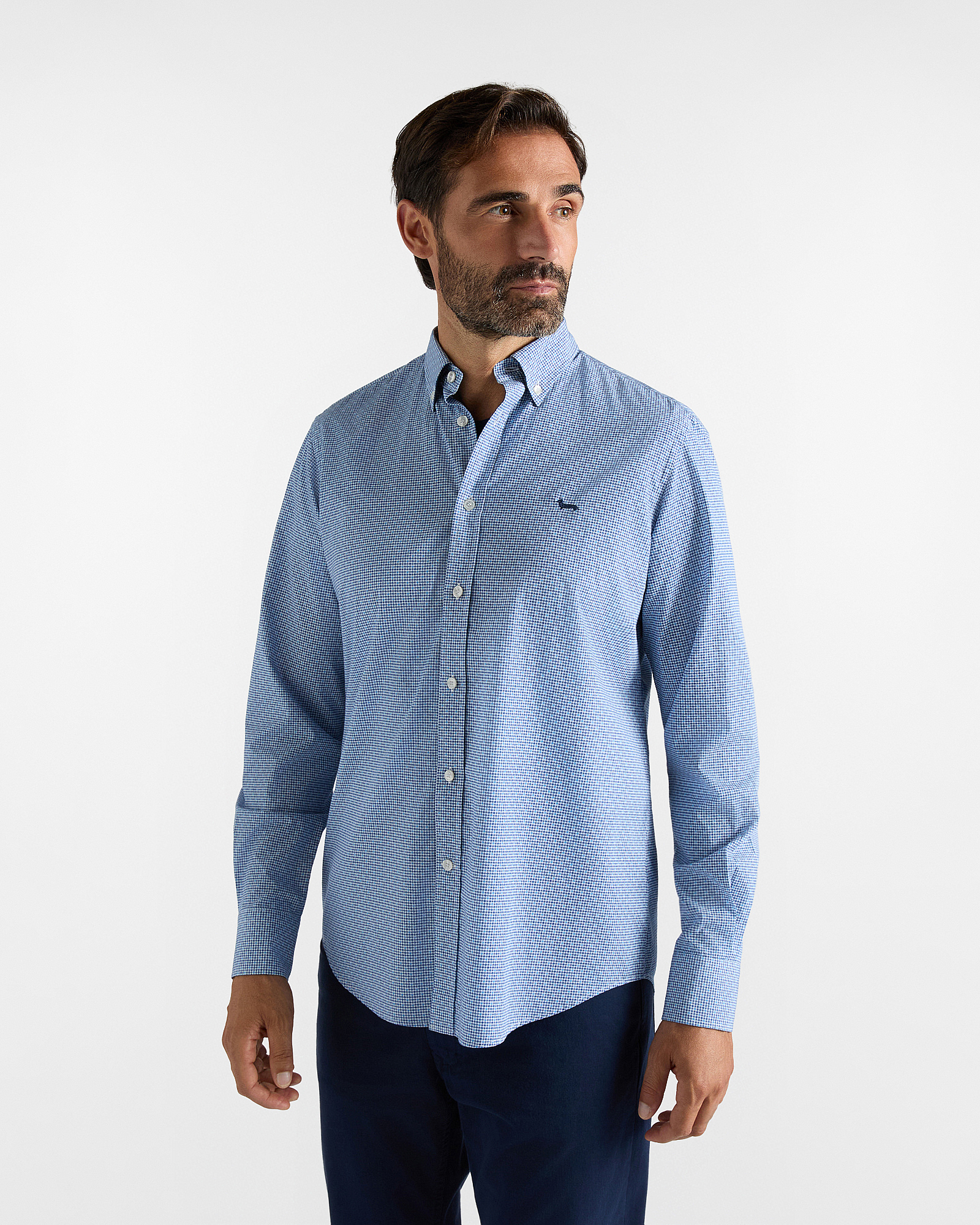 Camicia Uomo in popeline di cotone con microstampa blu navy