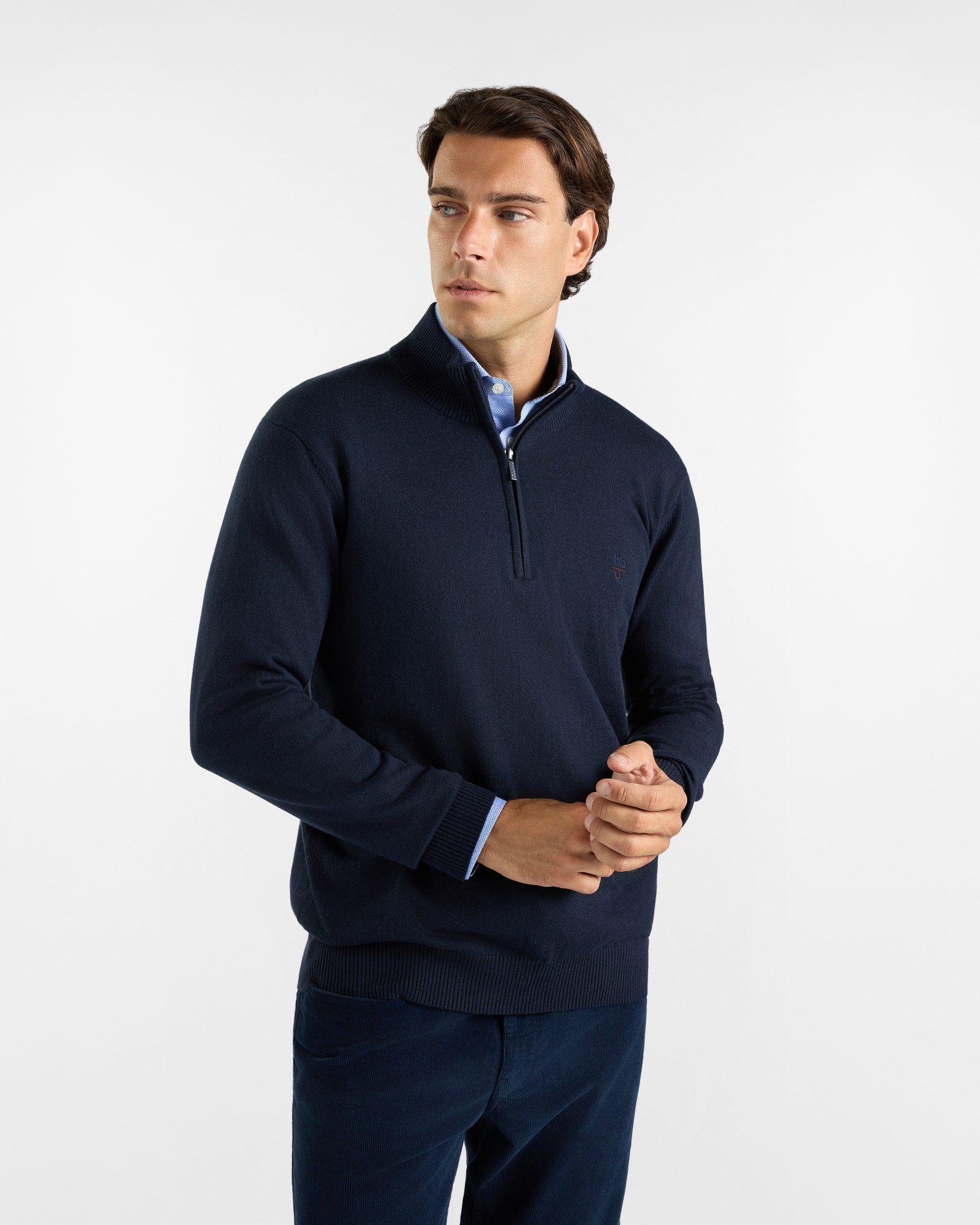 HBJ Men&rsquo;s Half-Zip Jumper in Dark Blue Wool and Cashmere Blend