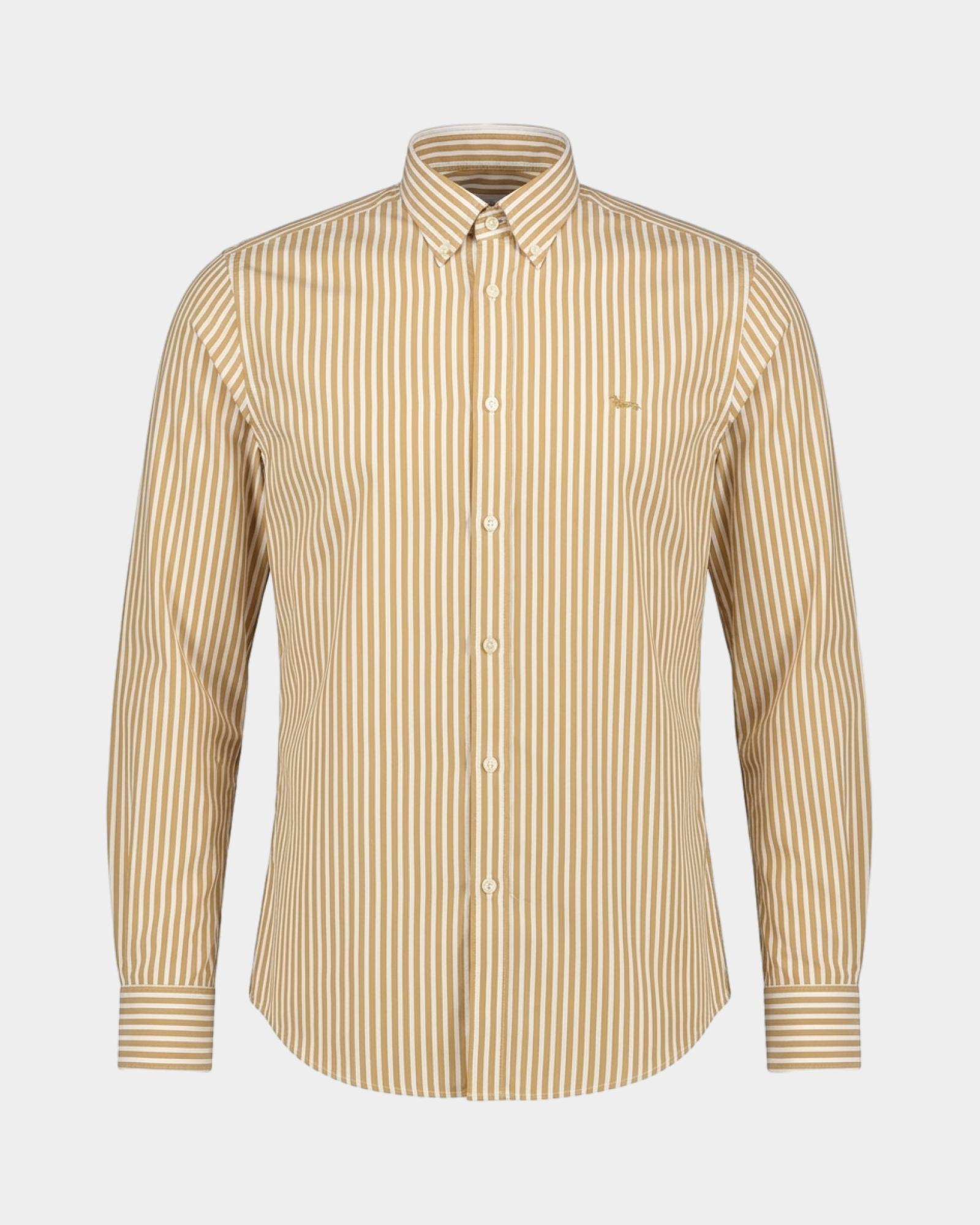 Camisa de hombre en sarga con rayas de raso de corte regular, color turquesa, MARR&Oacute;N OSCURO, large
