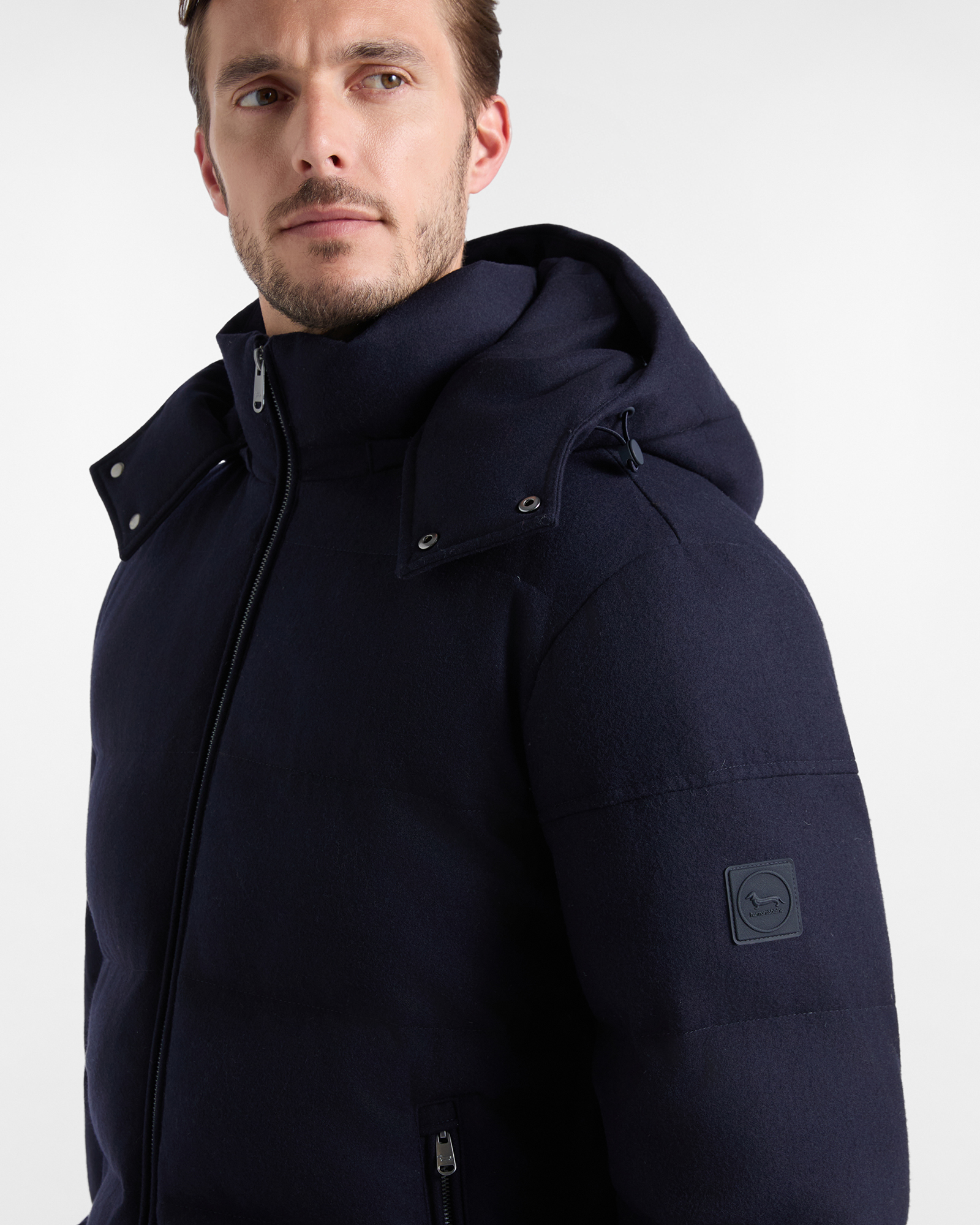 Men&rsquo;s padded bomber jacket with hood in navy blue wool and silk blend, NAVY BLUE, large