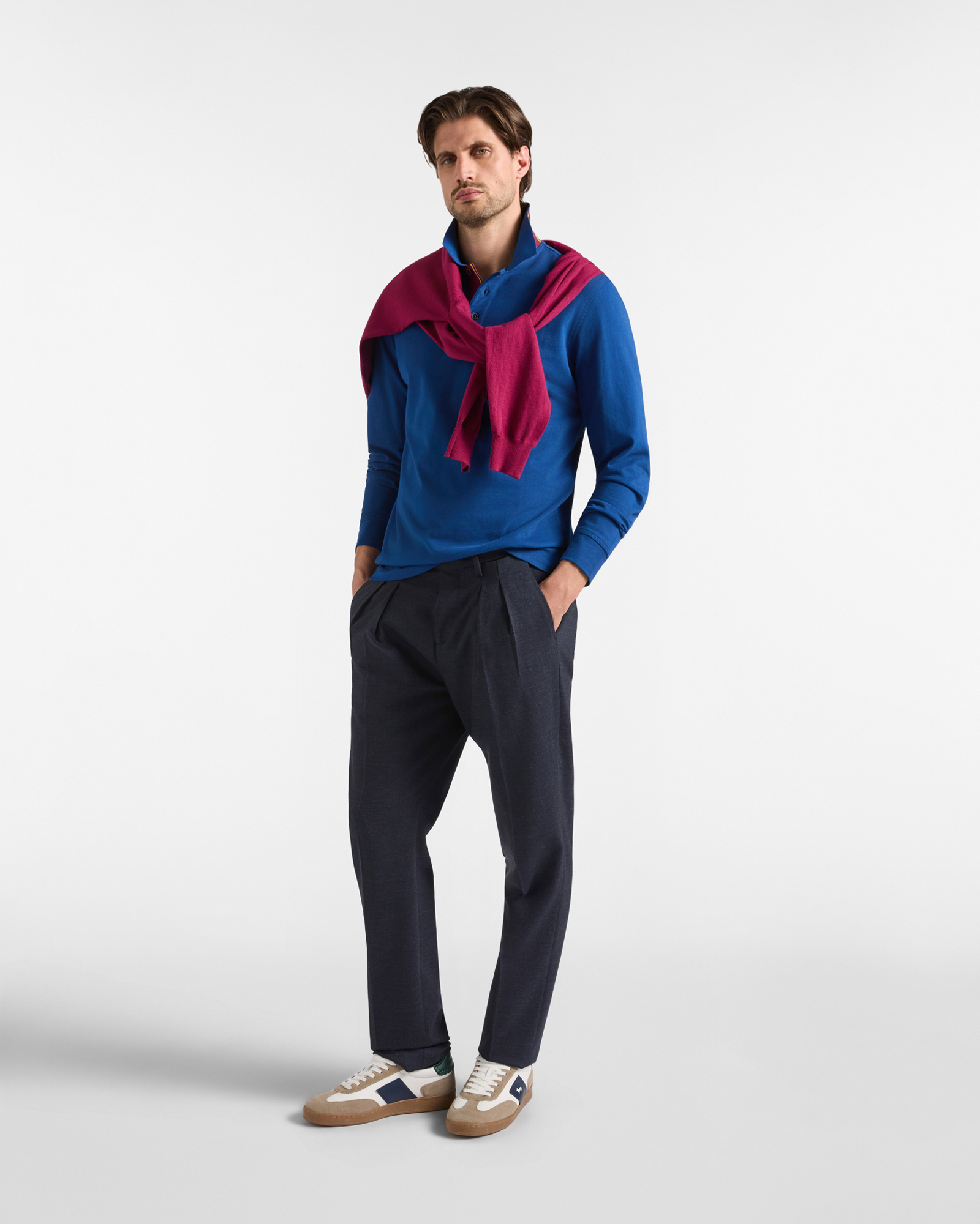 Polo da uomo manica lunga in jersey brushed di 100% puro cotone, BLU SPORT, large