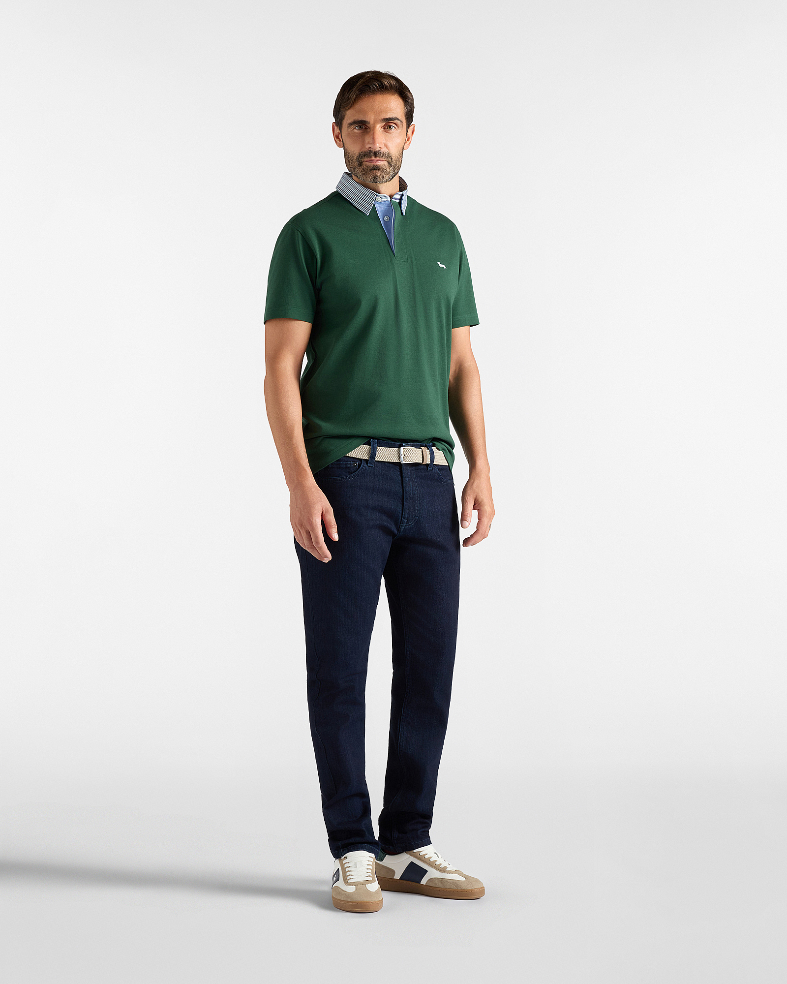 Polo de hombre Vietri en piqu&eacute; de algod&oacute;n con cuello a rayas en contraste, VERDE BOTELLA, large