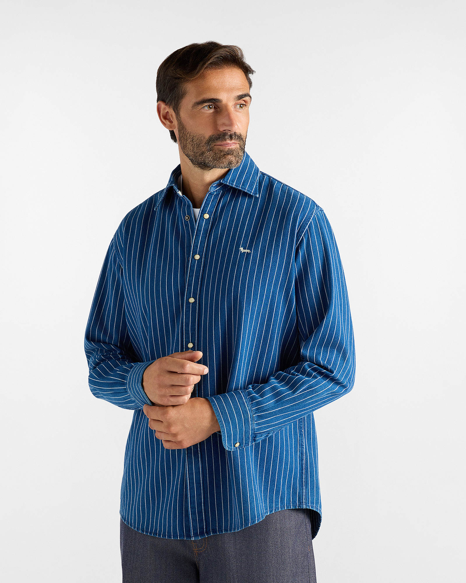 Camicia Uomo in denim con righe sottili Classic Fit blu