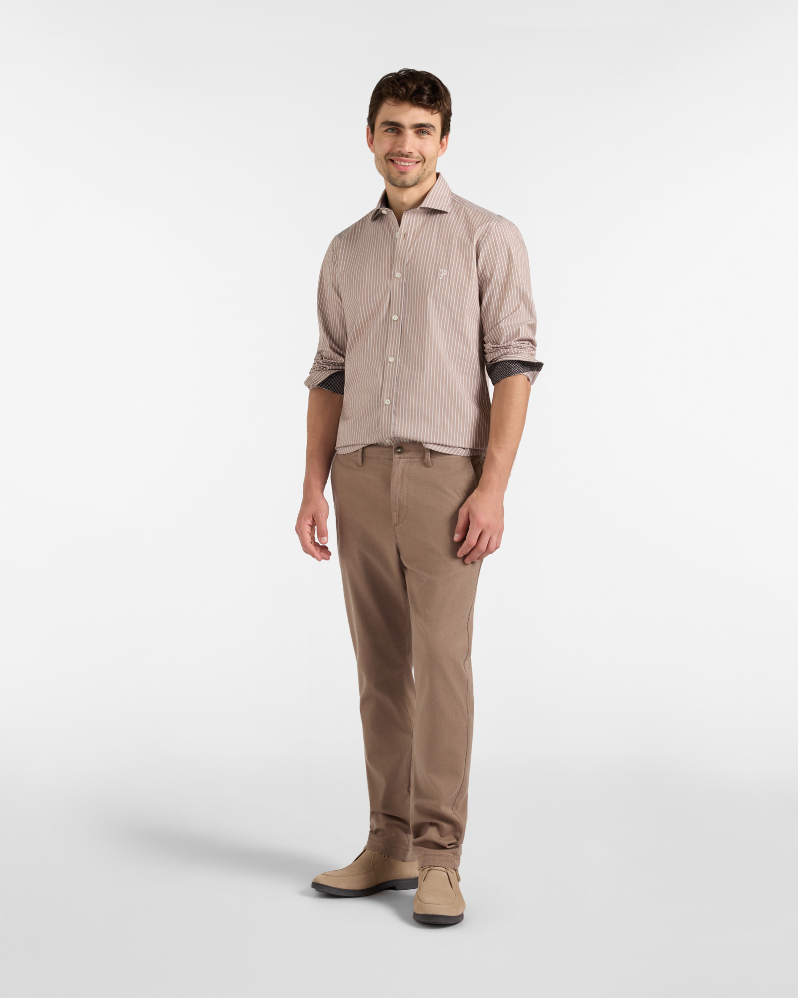 Camicia HBJ Uomo Narrow Fit in cotone stretch a righe con collo French, BEIGE, large