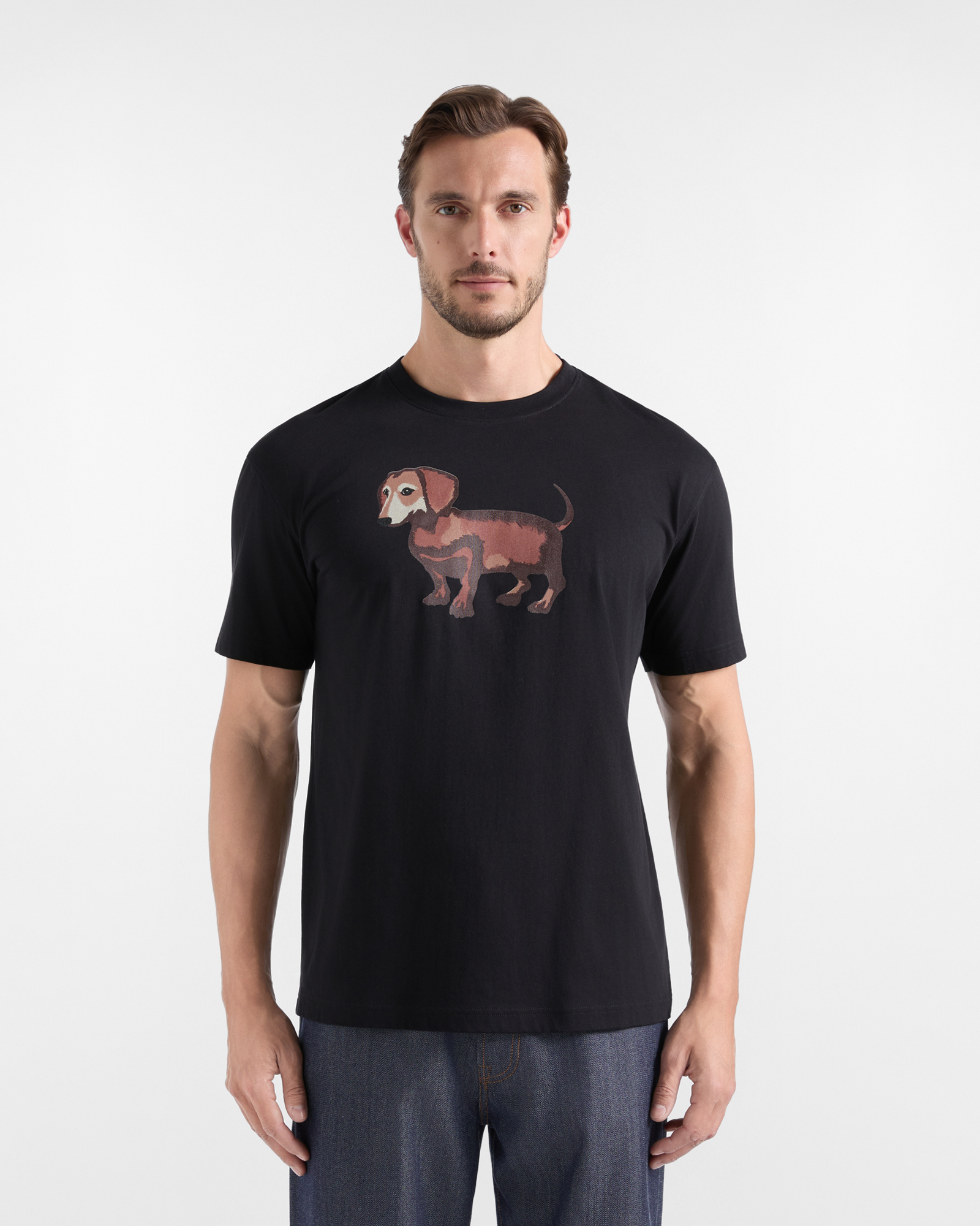 Men&rsquo;s Black Pure Cotton Jersey T-shirt with Watercolour-Effect Dachshund Print