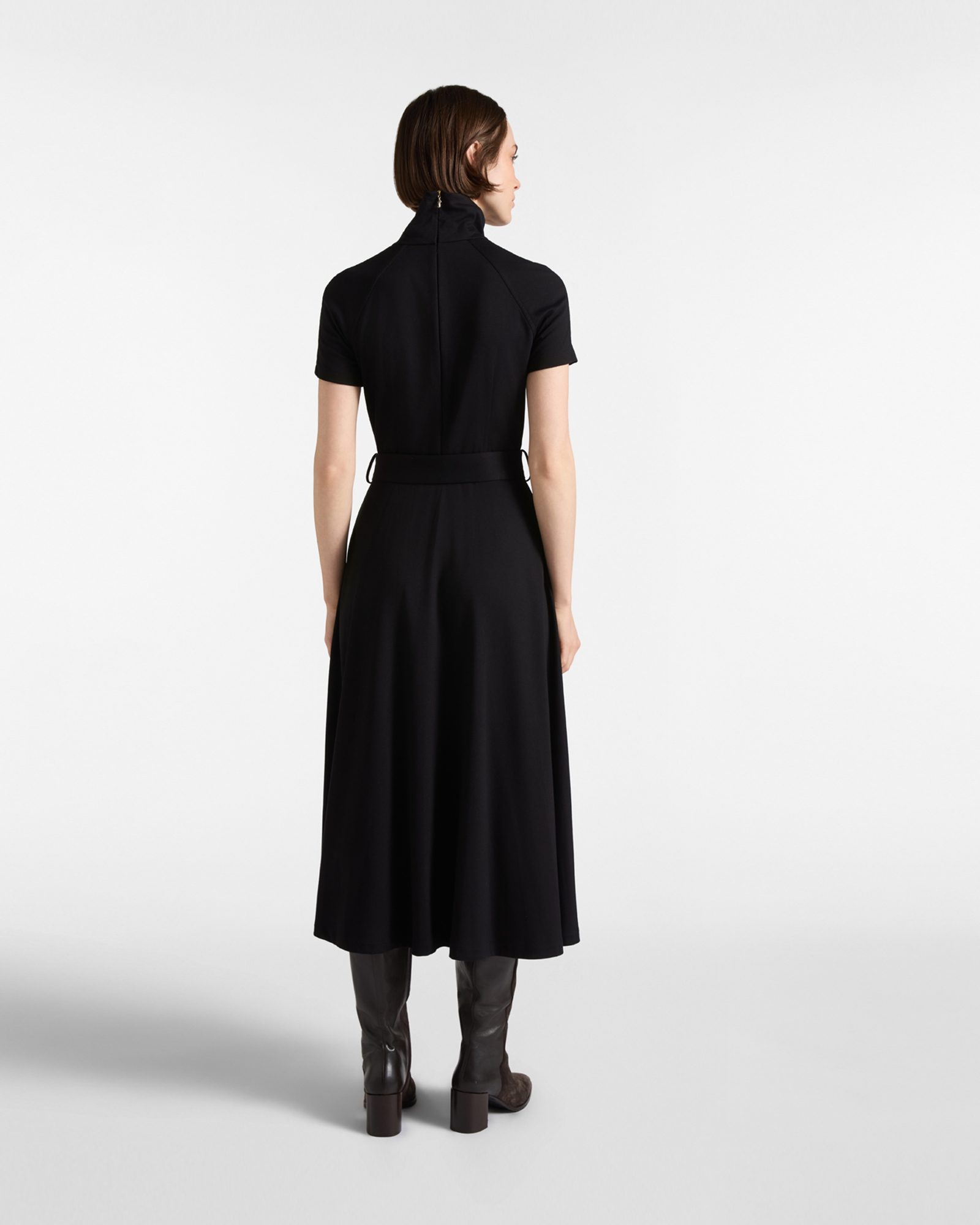 Abito Donna manica corta collo alto in tessuto in maglia punto Milano, NERO, large