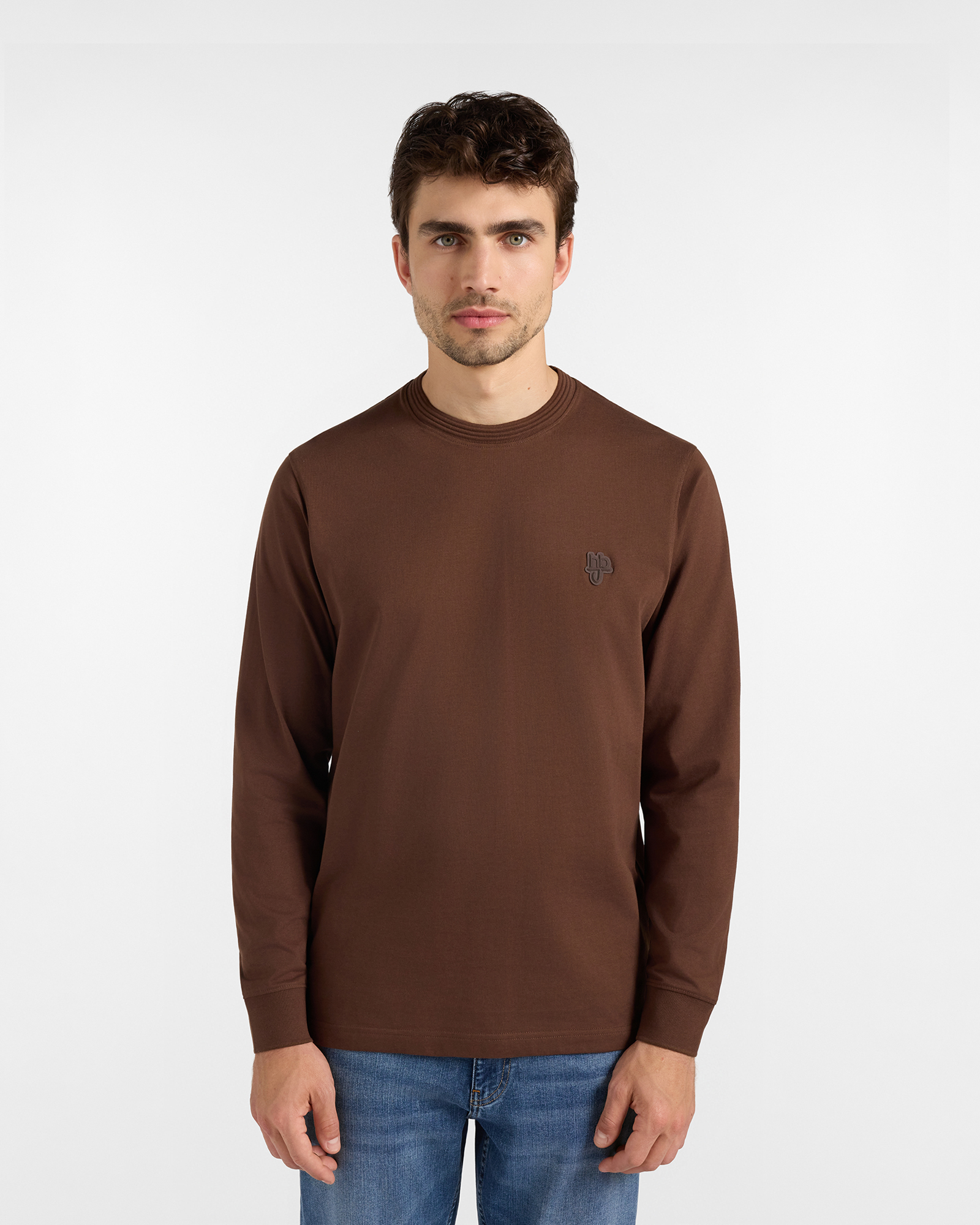 Men&rsquo;s HBJ T-shirt with Logo Patch in Pure Brown Cotton