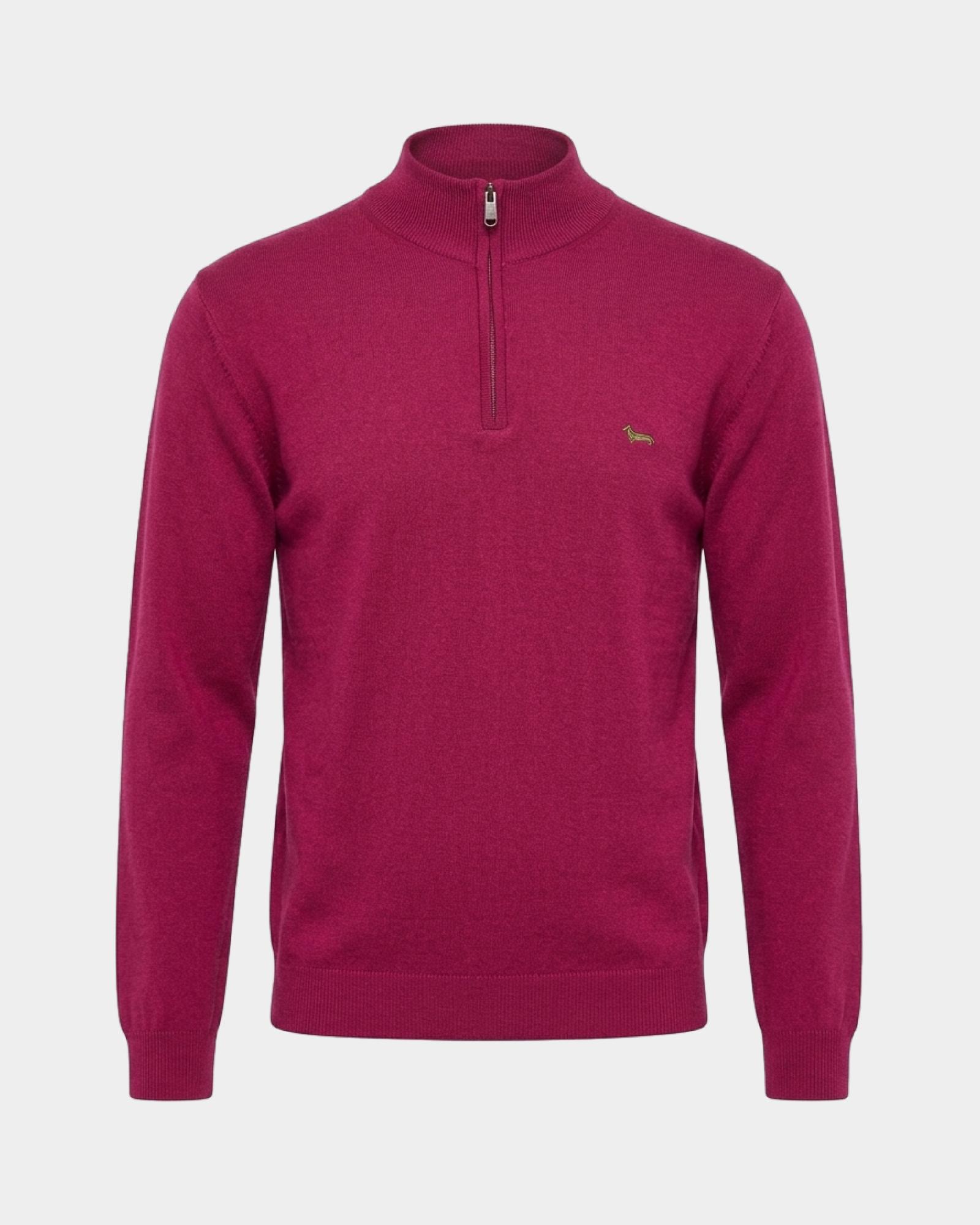 Men's regular fit sweater with half-zip stand-up collar in a  wool and cotton blend, INDIAN ROSE, large