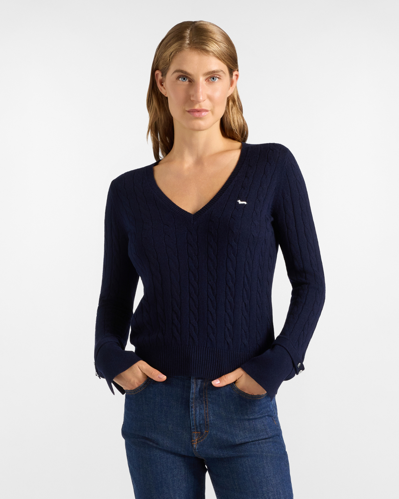 Maglia Donna con scollo a V in misto lana con cachemire blu Regular Fit