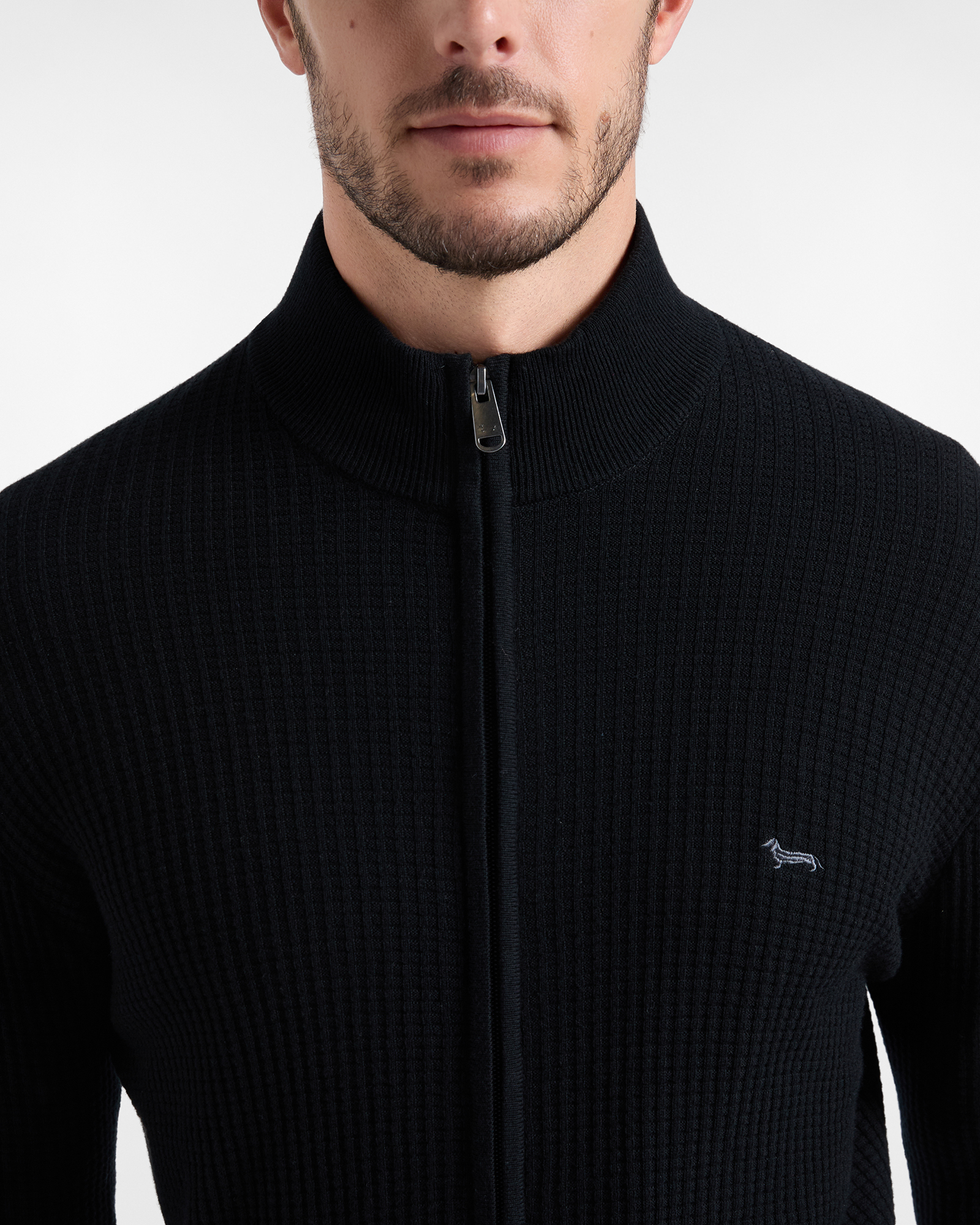 Men's regular fit sweater with full-zip stand-up collar in a wool and cotton blend, BLACK, large