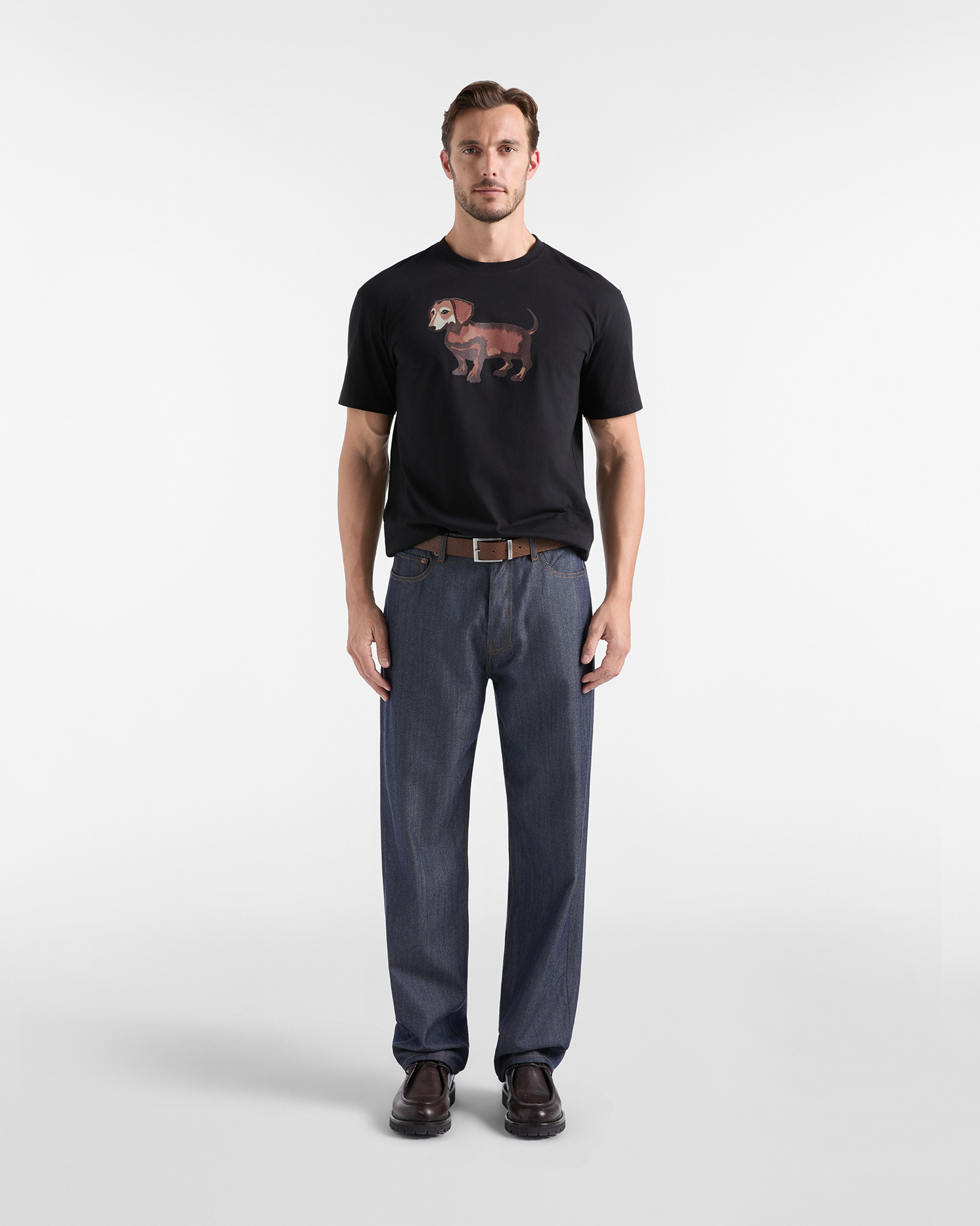 Camiseta de hombre de jersey de algod&oacute;n puro color con estampado de teckel con efecto acuarela, NEGRO, large