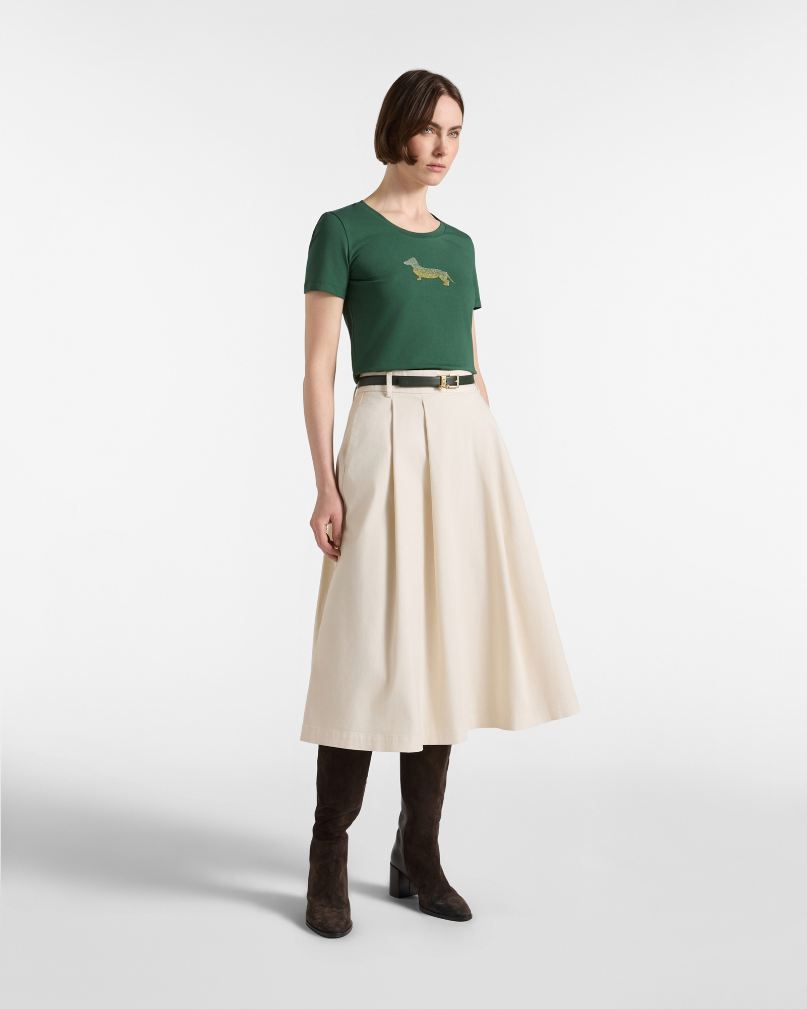 Camiseta de mujer en algod&oacute;n el&aacute;stico  con Maxi perro salchicha glitter, VERDE, large