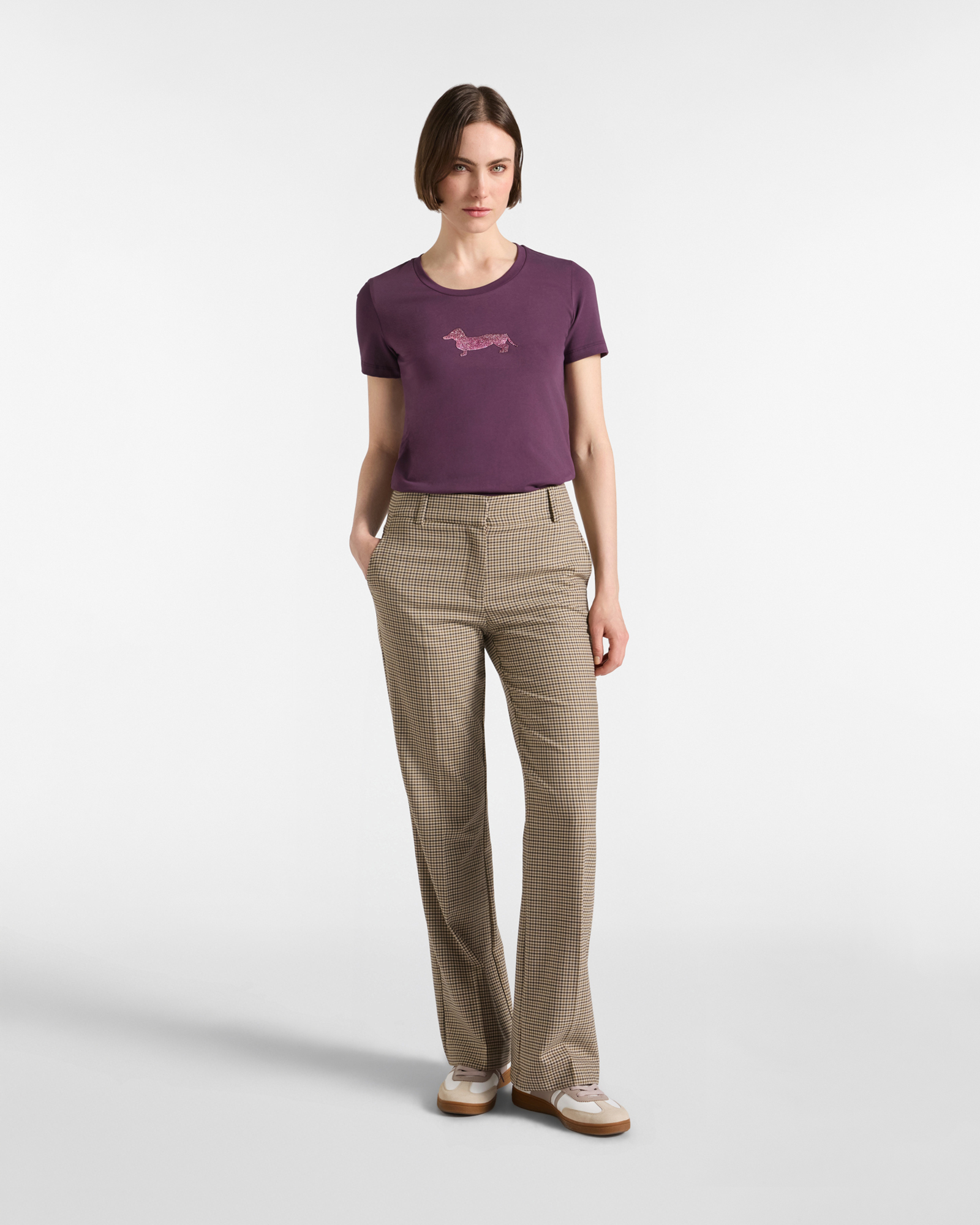 Camiseta de mujer en algod&oacute;n el&aacute;stico  con Maxi perro salchicha glitter, MORADO, large