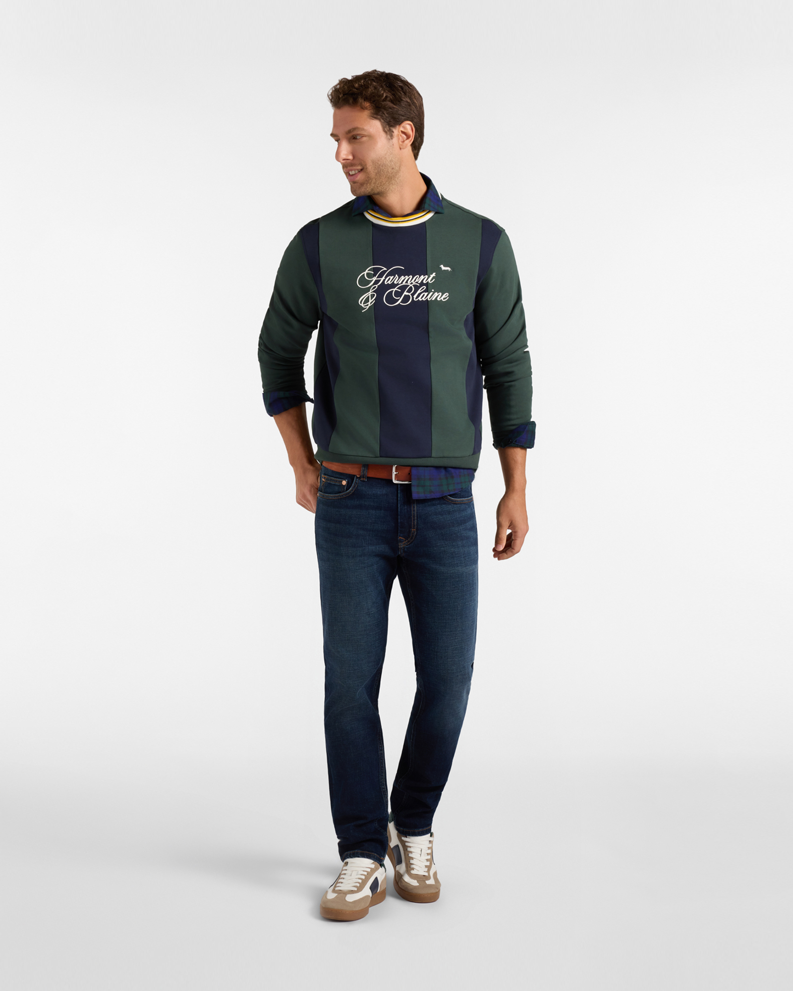 Sudadera para hombre con cuello redondo verde con paneles a contraste, VERDE BOTELLA, large