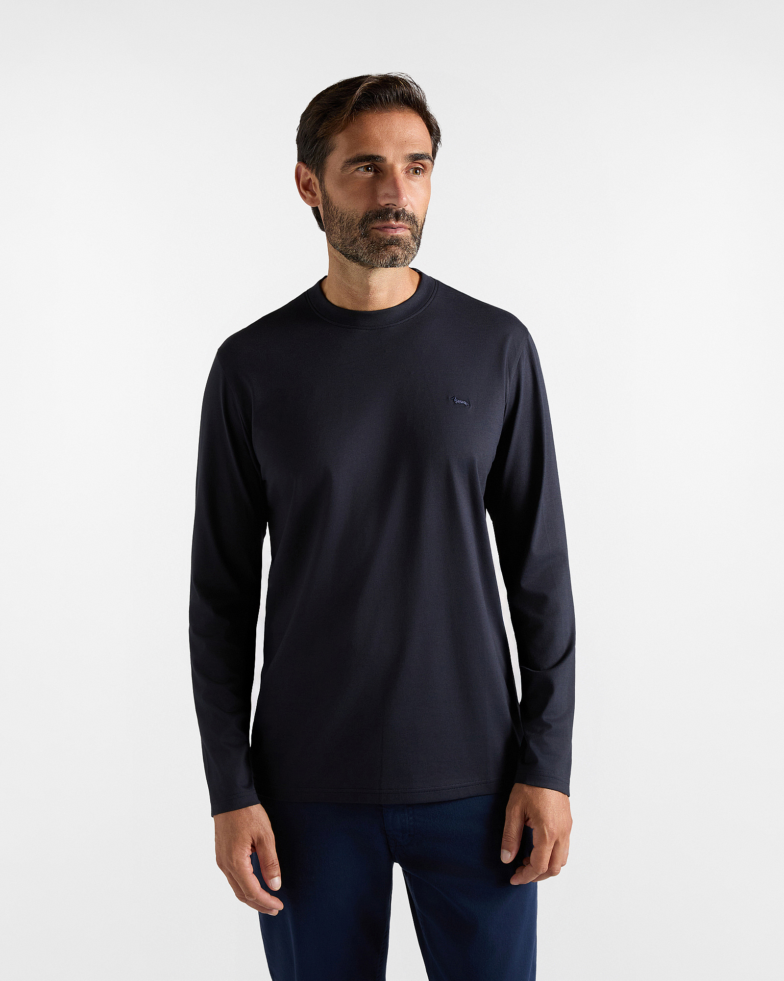 Men&rsquo;s long-sleeved T-shirt in navy blue pure cotton jersey with contrasting dachshund